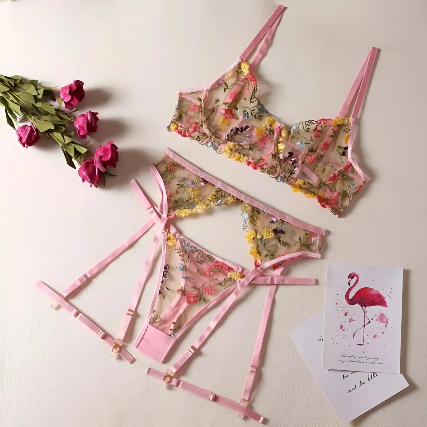 Rosa Set di Lingerie in Pizzo con Fiori Ricamati