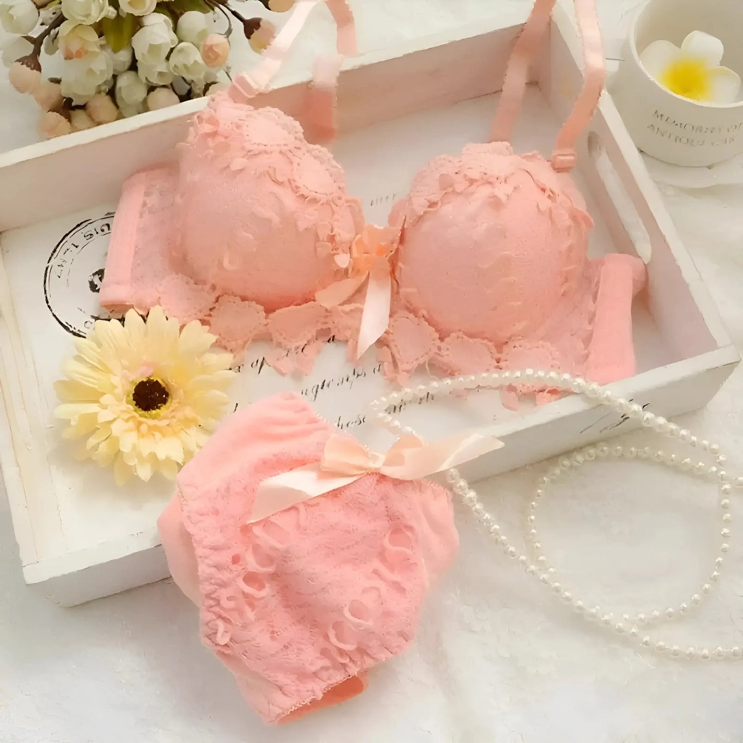 Rosa Set di Lingerie in Pizzo con Motivo a Cuore