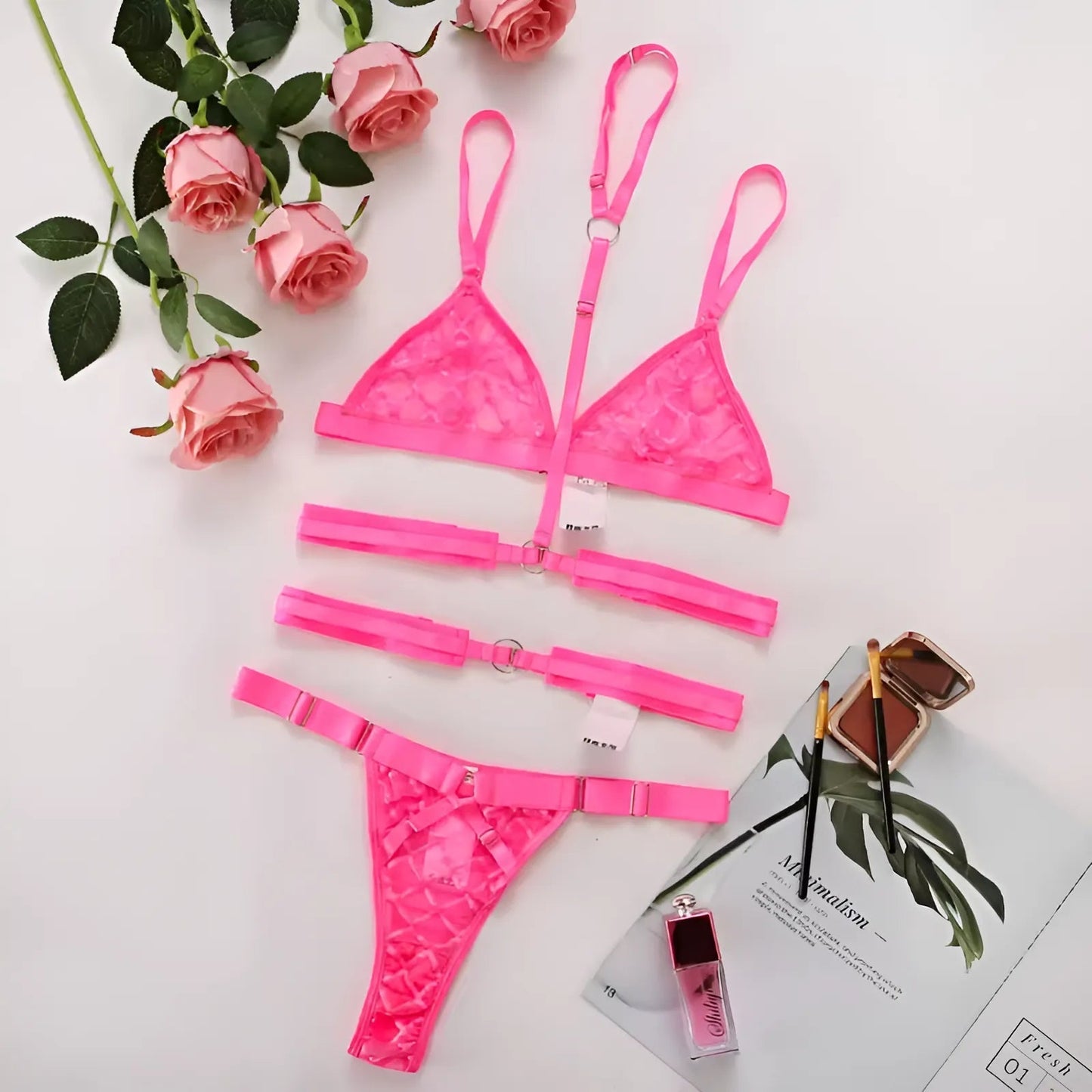 Rosa Set di Lingerie in Pizzo con Cinghie