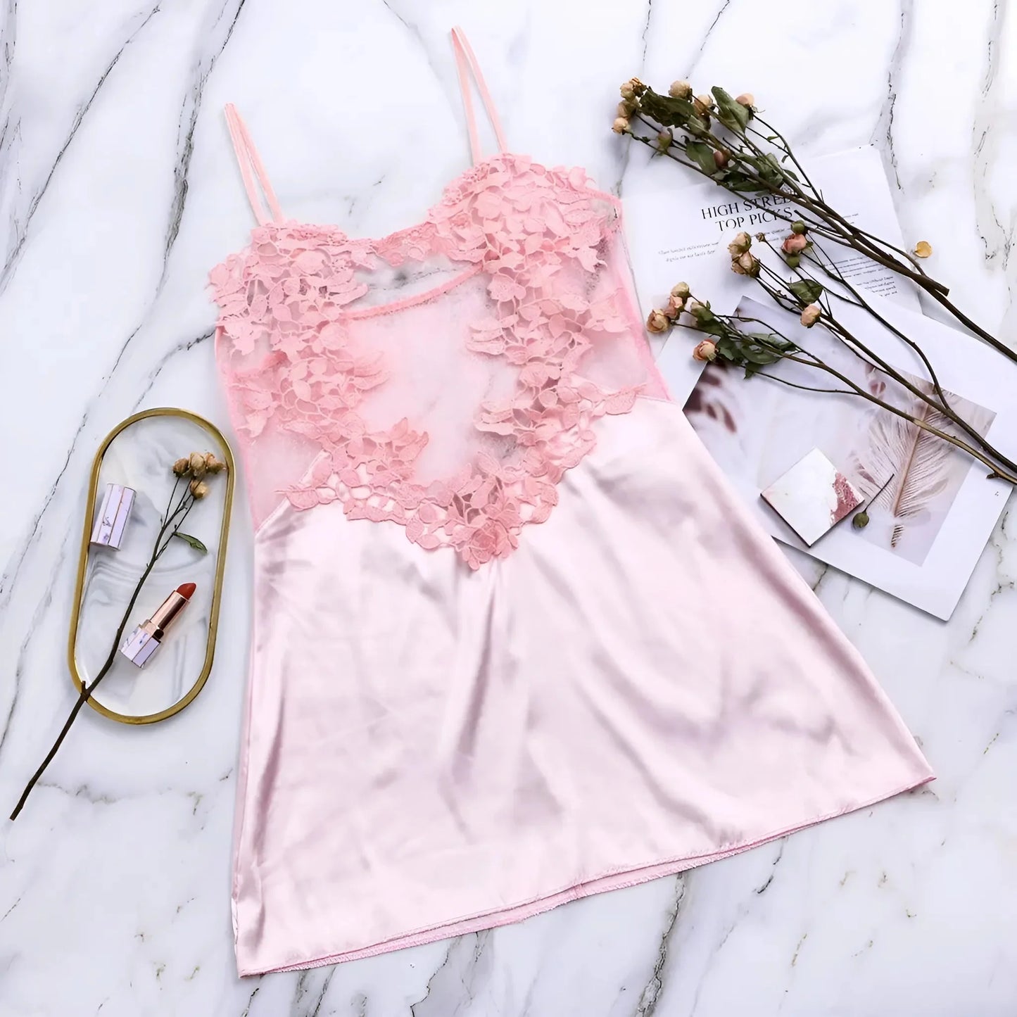 Rosa Camicia da notte in pizzo con dettaglio in rete sul busto