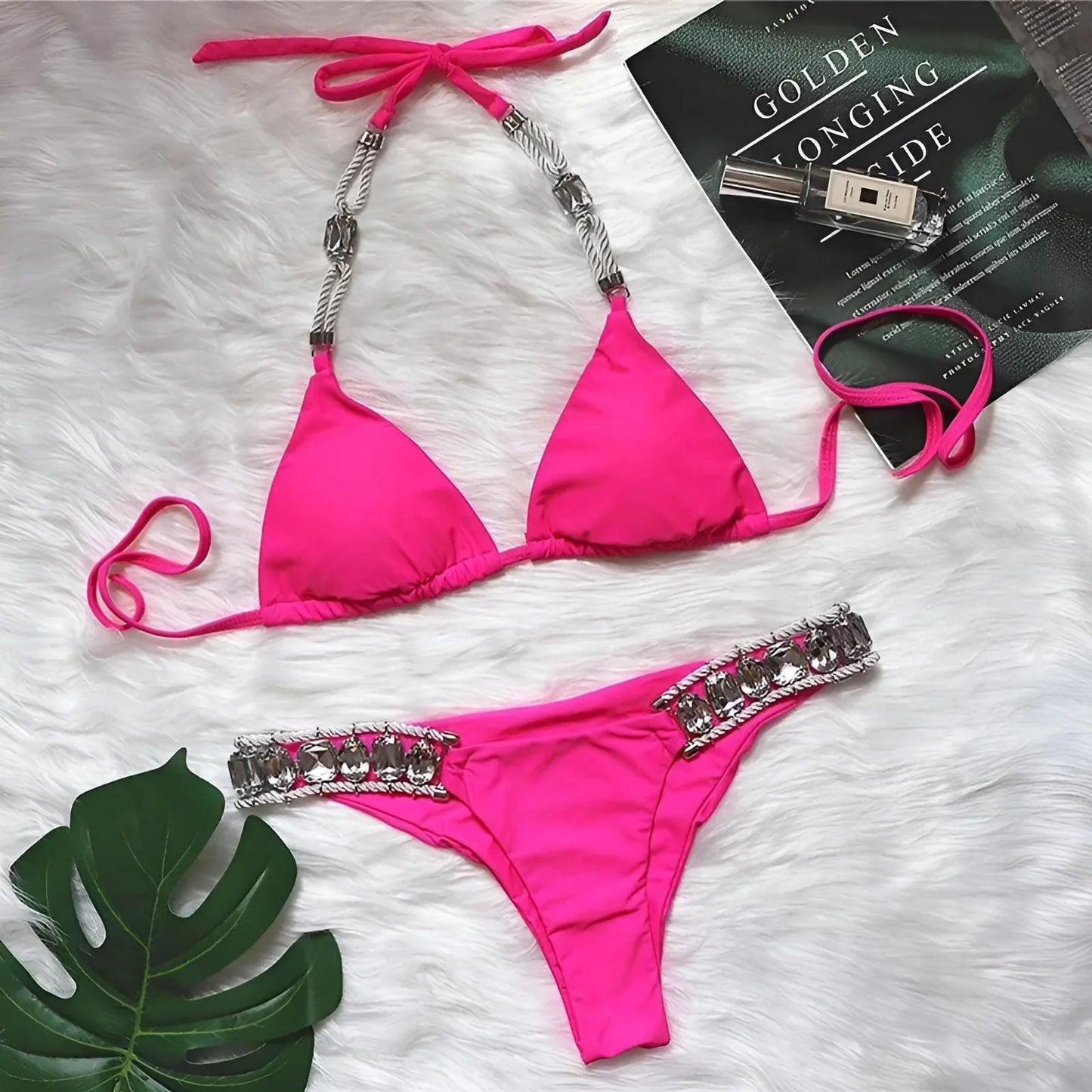 Rosa Costume da bagno a due pezzi con decorazioni decorative