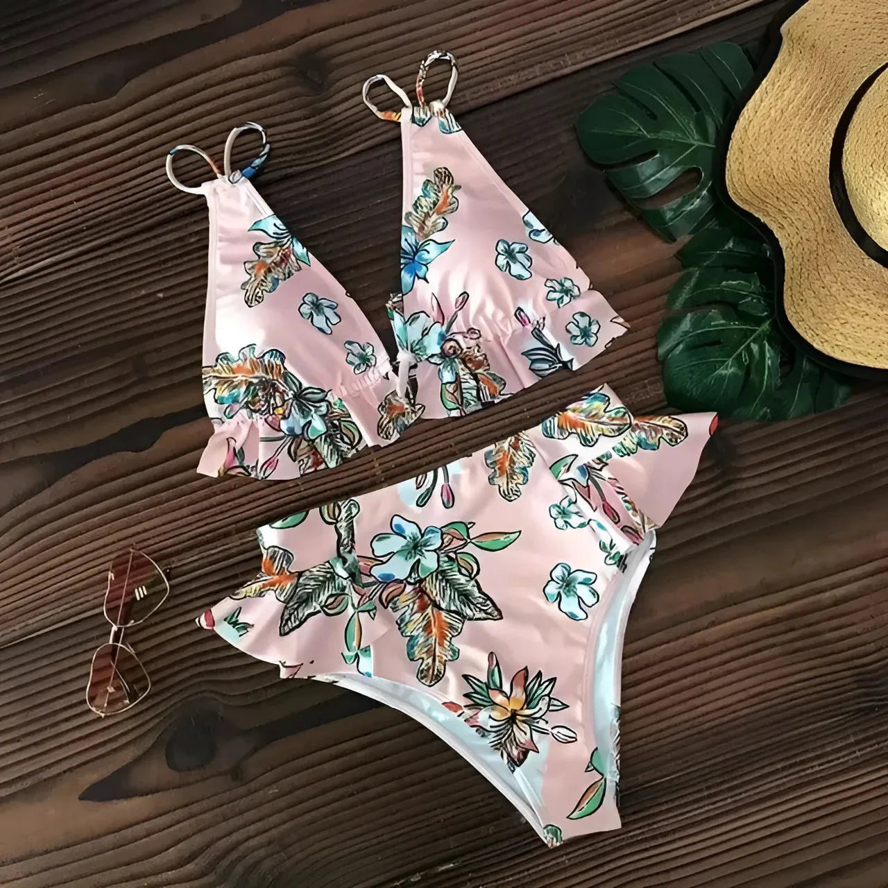 Rosa Costume da bagno a due pezzi con delicate rouches