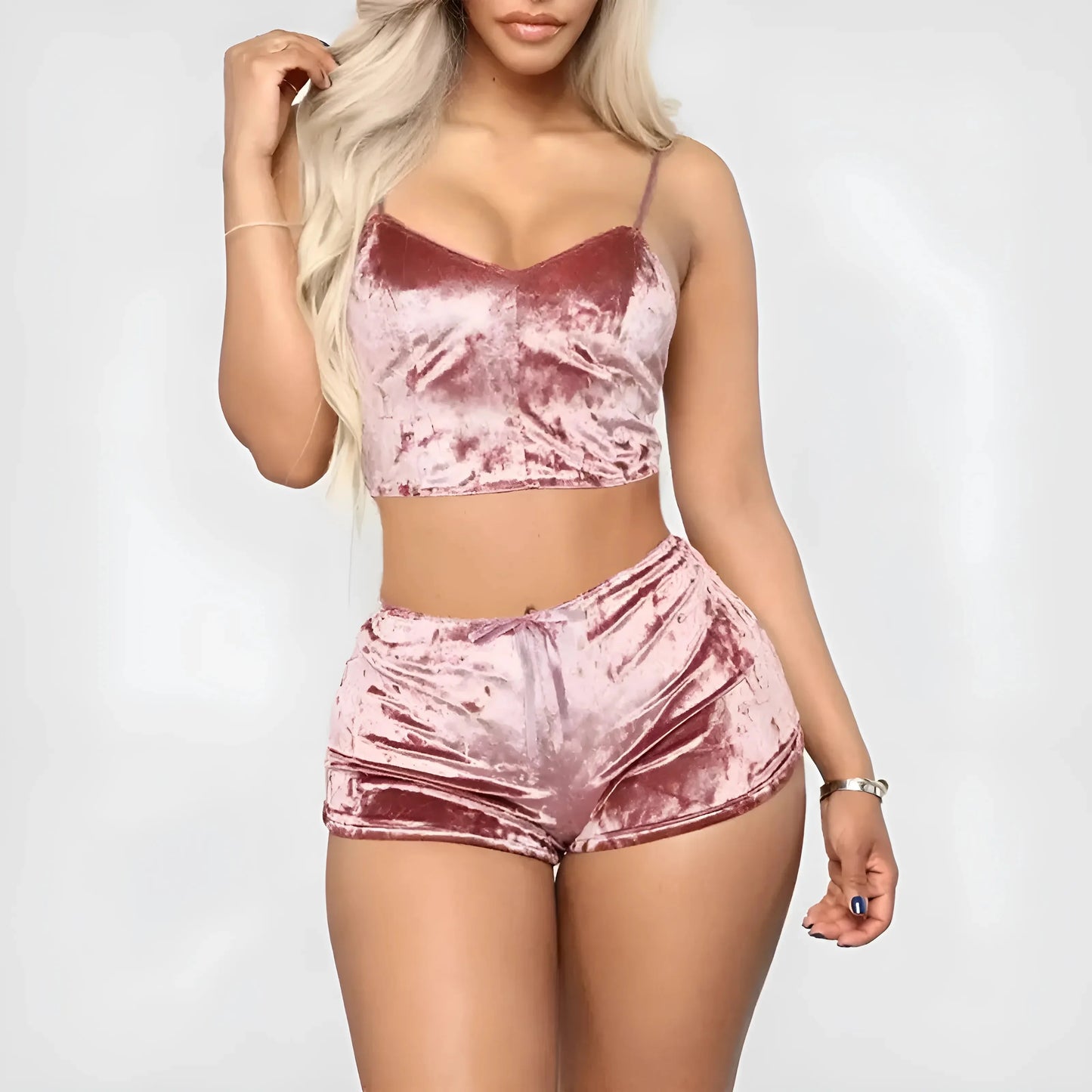 Rosa Set di Pigiama in Velluto con Top e Pantaloni Corti