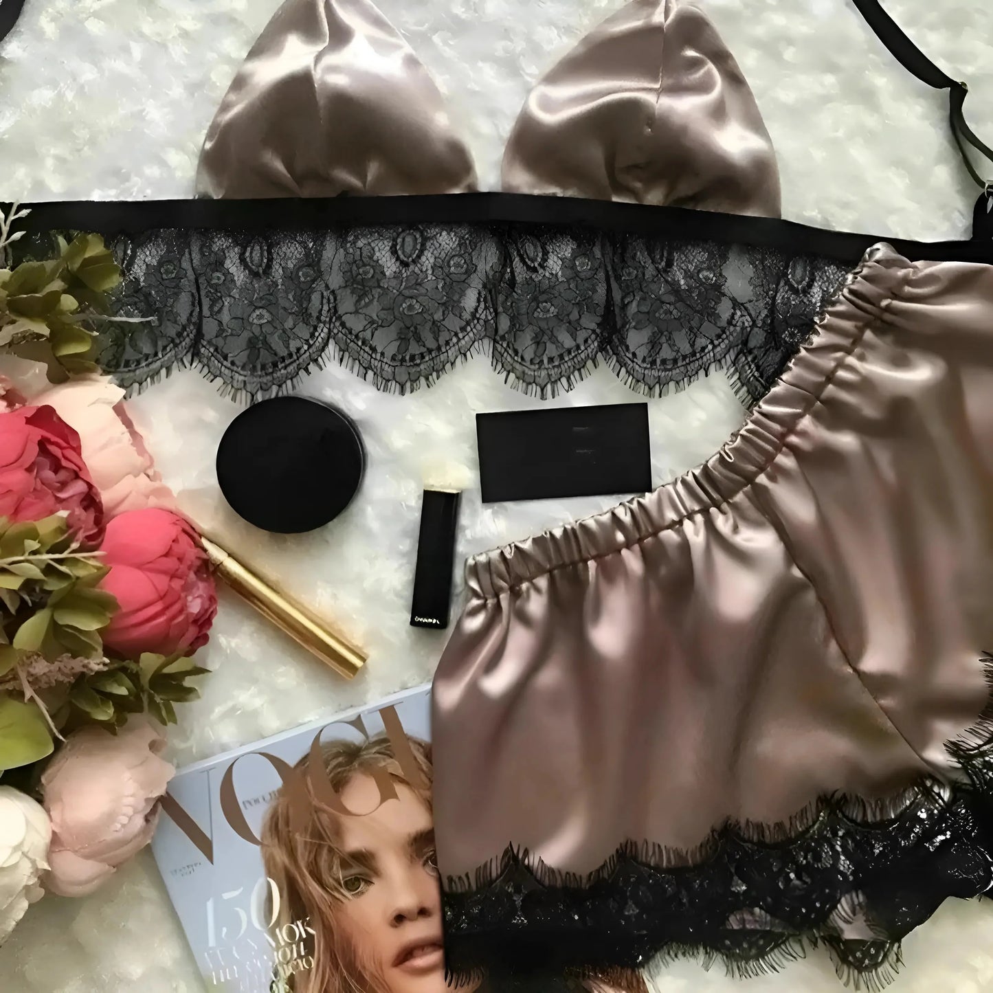 Rosa Pigiama da donna in satin con pizzo decorativo e lacci posteriori