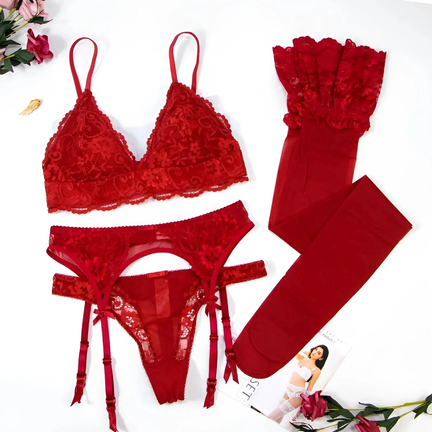 Rosso Set di lingerie in pizzo a 3 pezzi con rete trasparente