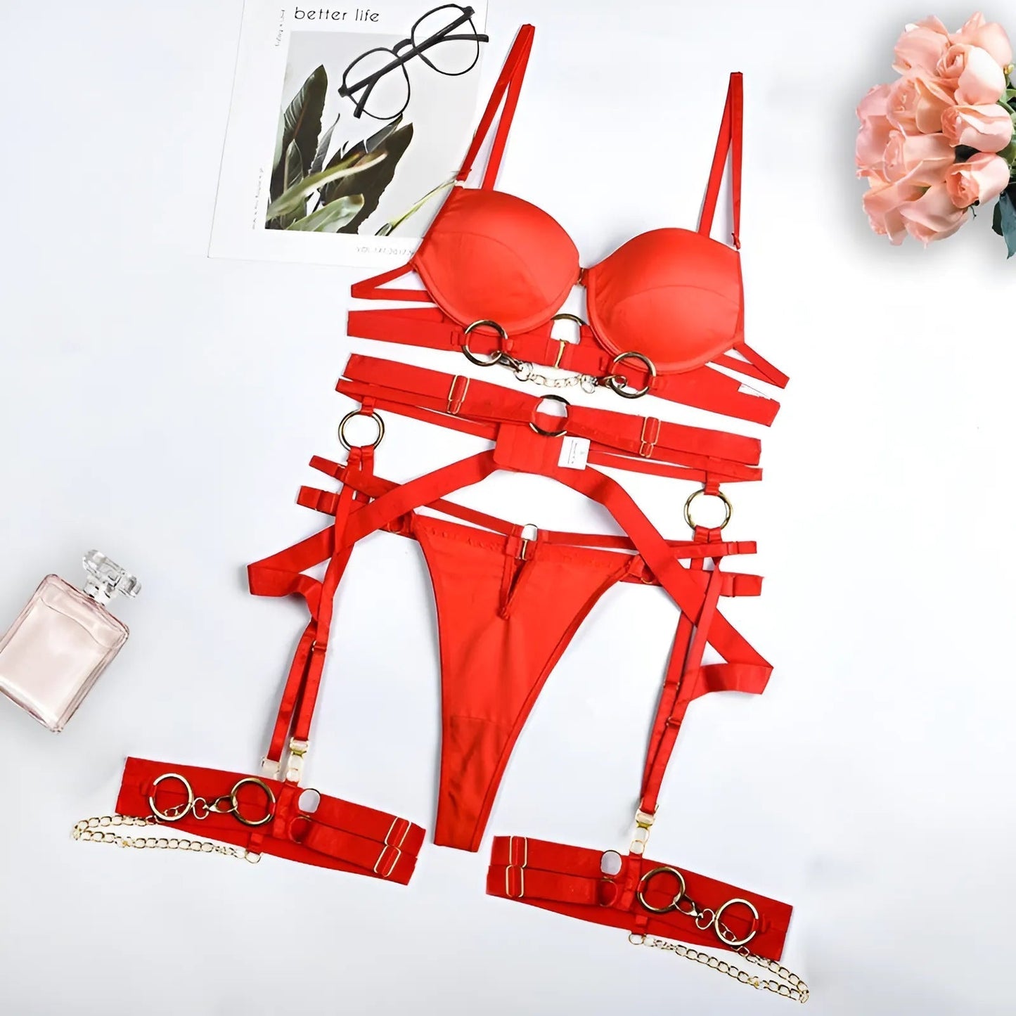 Rosso Set di Lingerie a 3 Pezzi con Cinghie