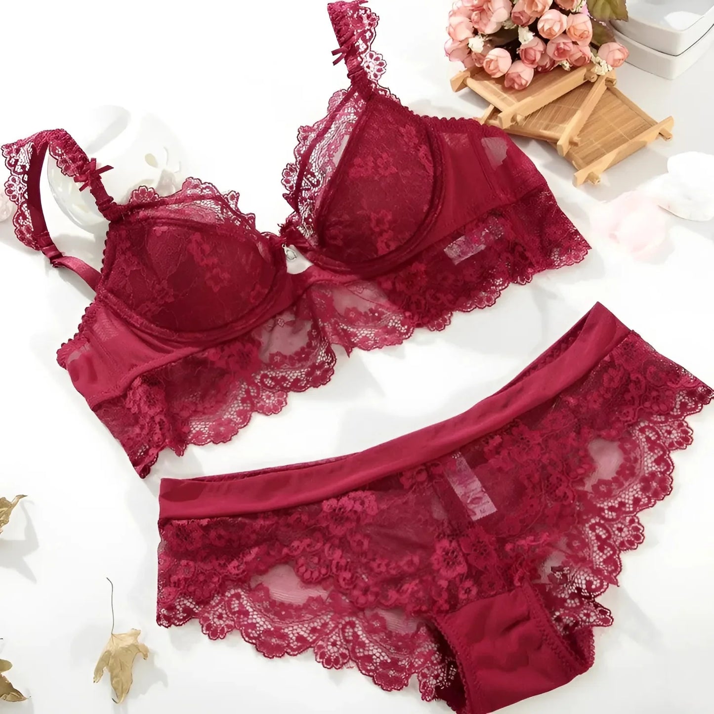 Rosso Set di Lingerie in Pizzo da 5 Pezzi con Collana