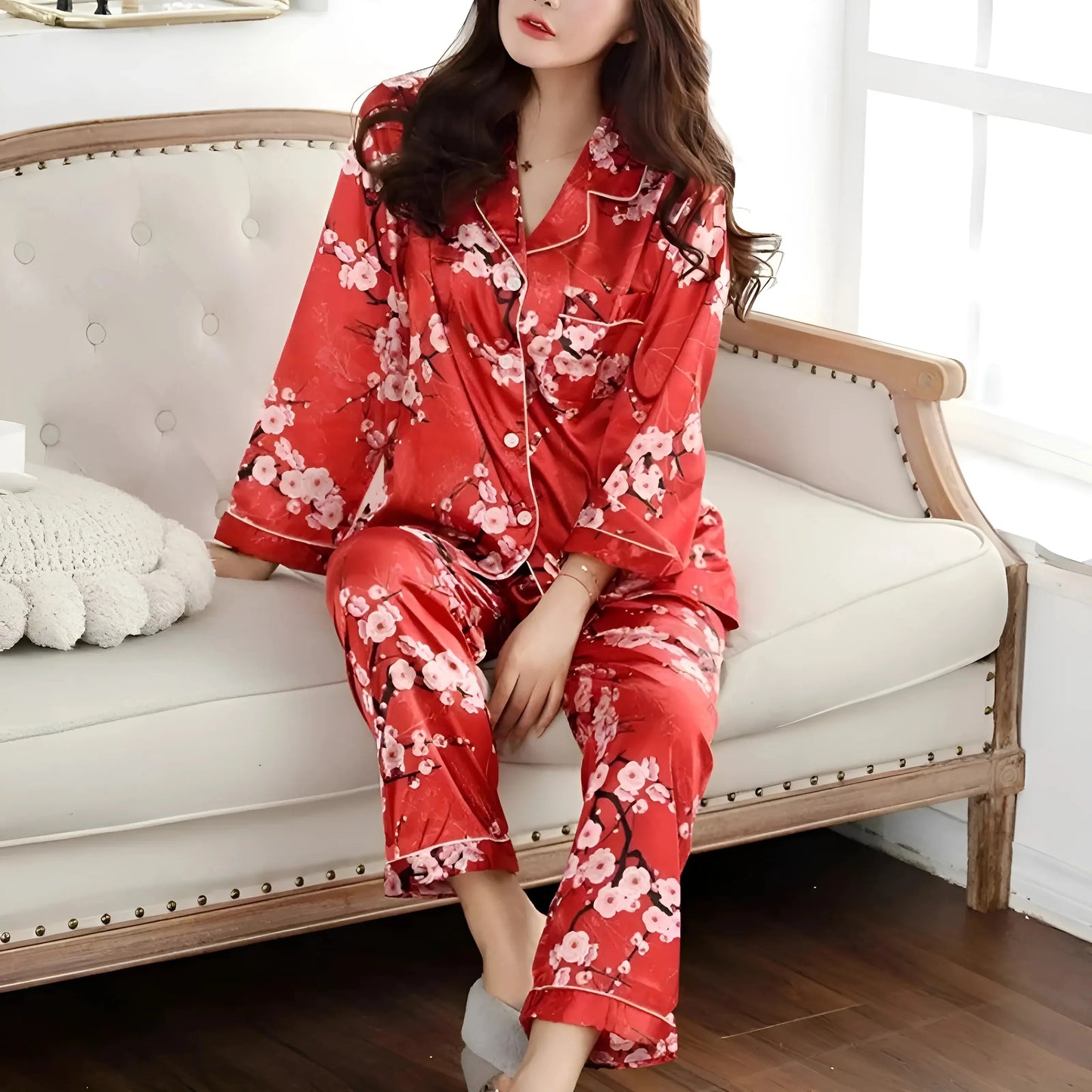 Rosso Set di Pigiama Due Pezzi in Satin Floreale