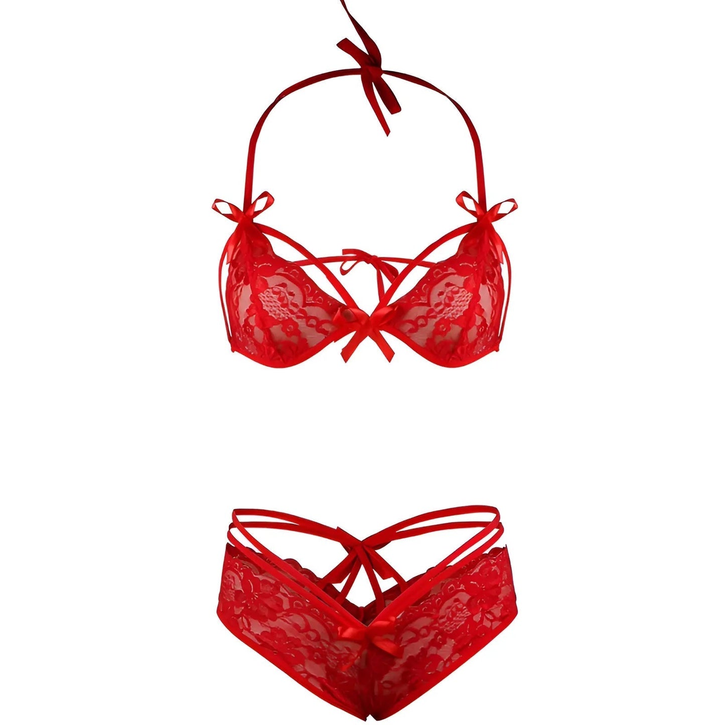 Rosso Set di Lingerie in Pizzo con Fiocchi e Cinghie
