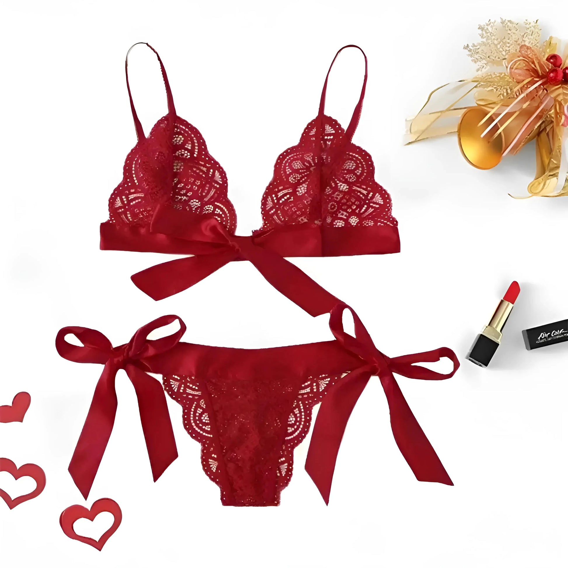 Rosso Set di Lingerie in Pizzo con Fiocchi