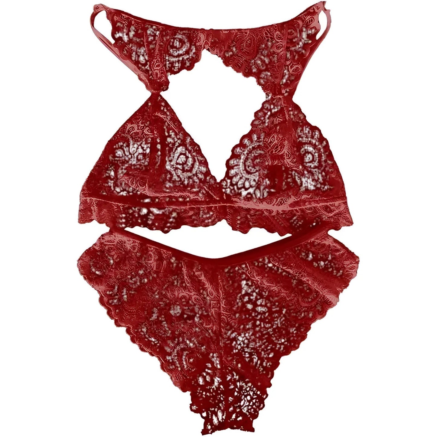 Rosso Set di Lingerie in Pizzo con Finitura Decorativa al Collo