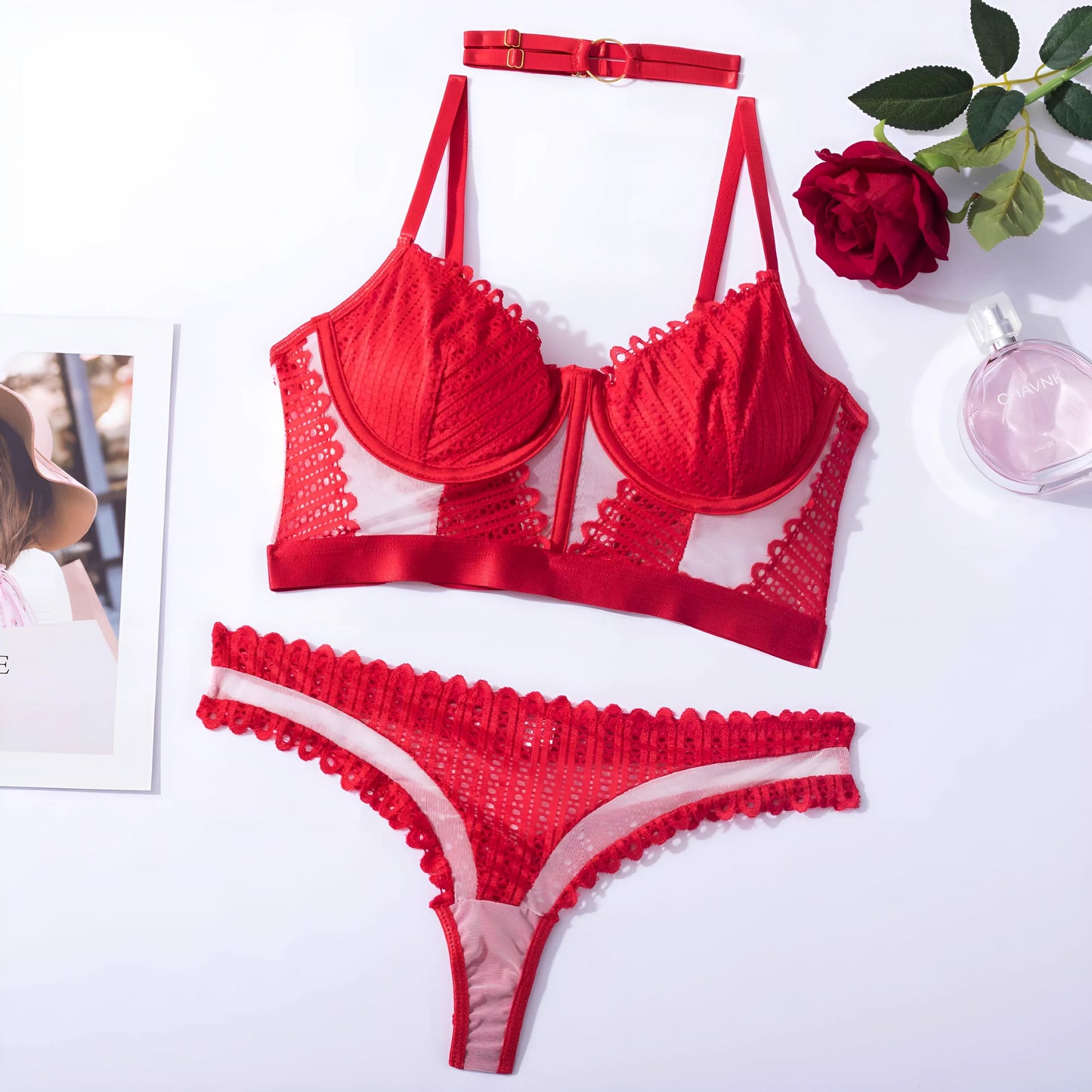 Rosso Set di Lingerie in Pizzo con Slip a Vita Bassa