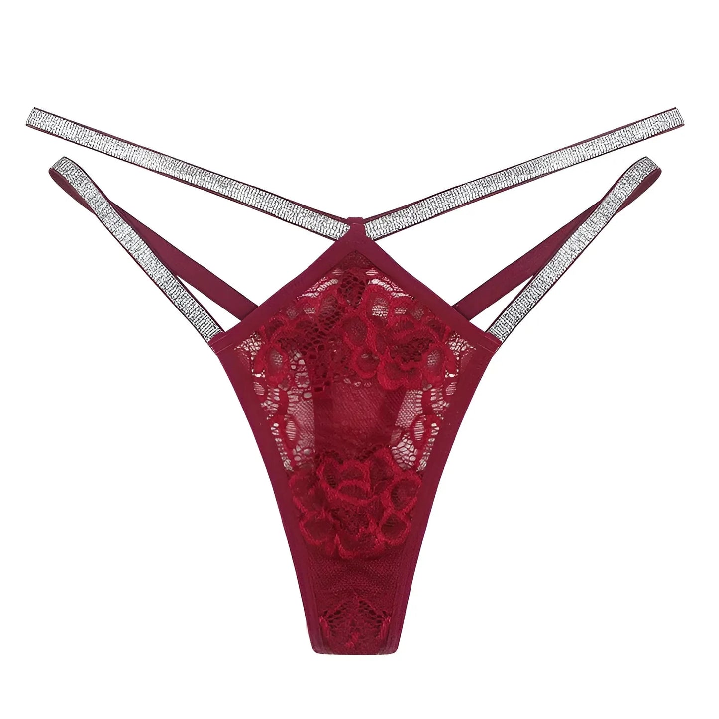 Rosso String thong in pizzo con cinturini scintillanti