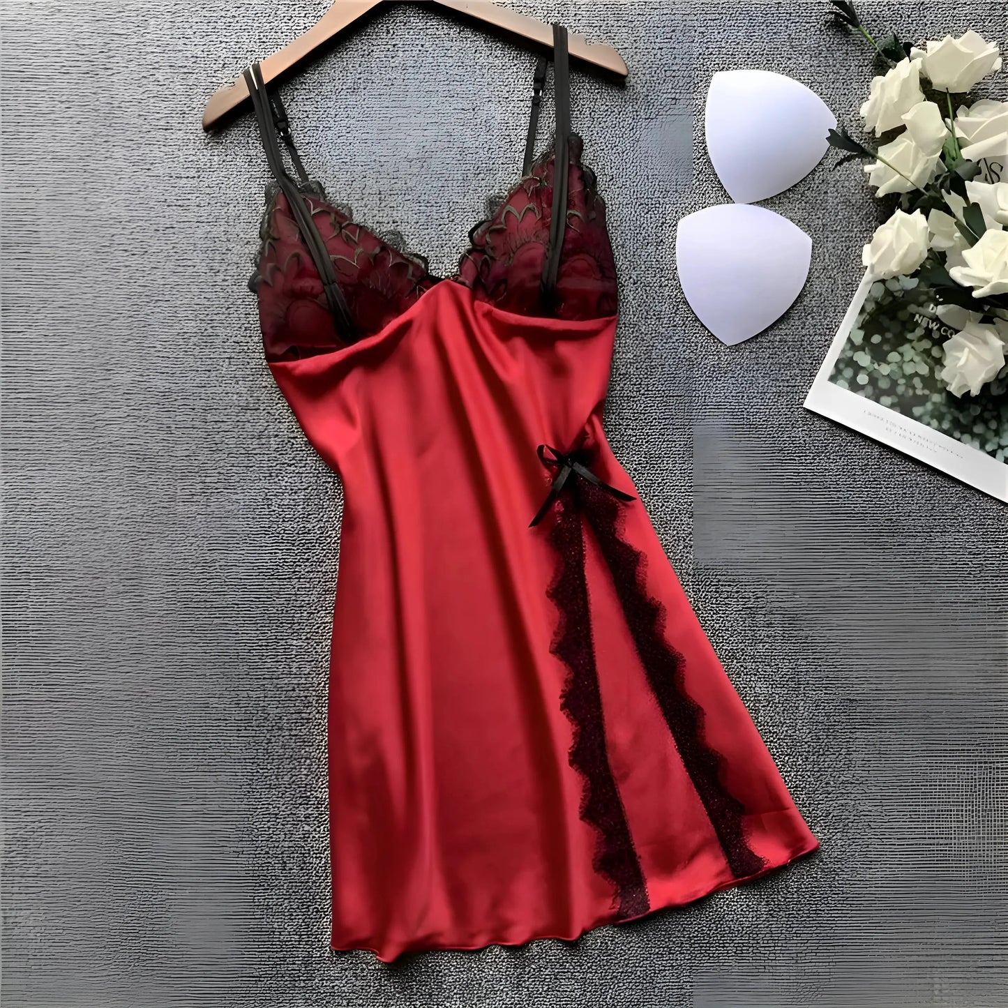 Rosso Camicetta da notte con pizzo e spacco