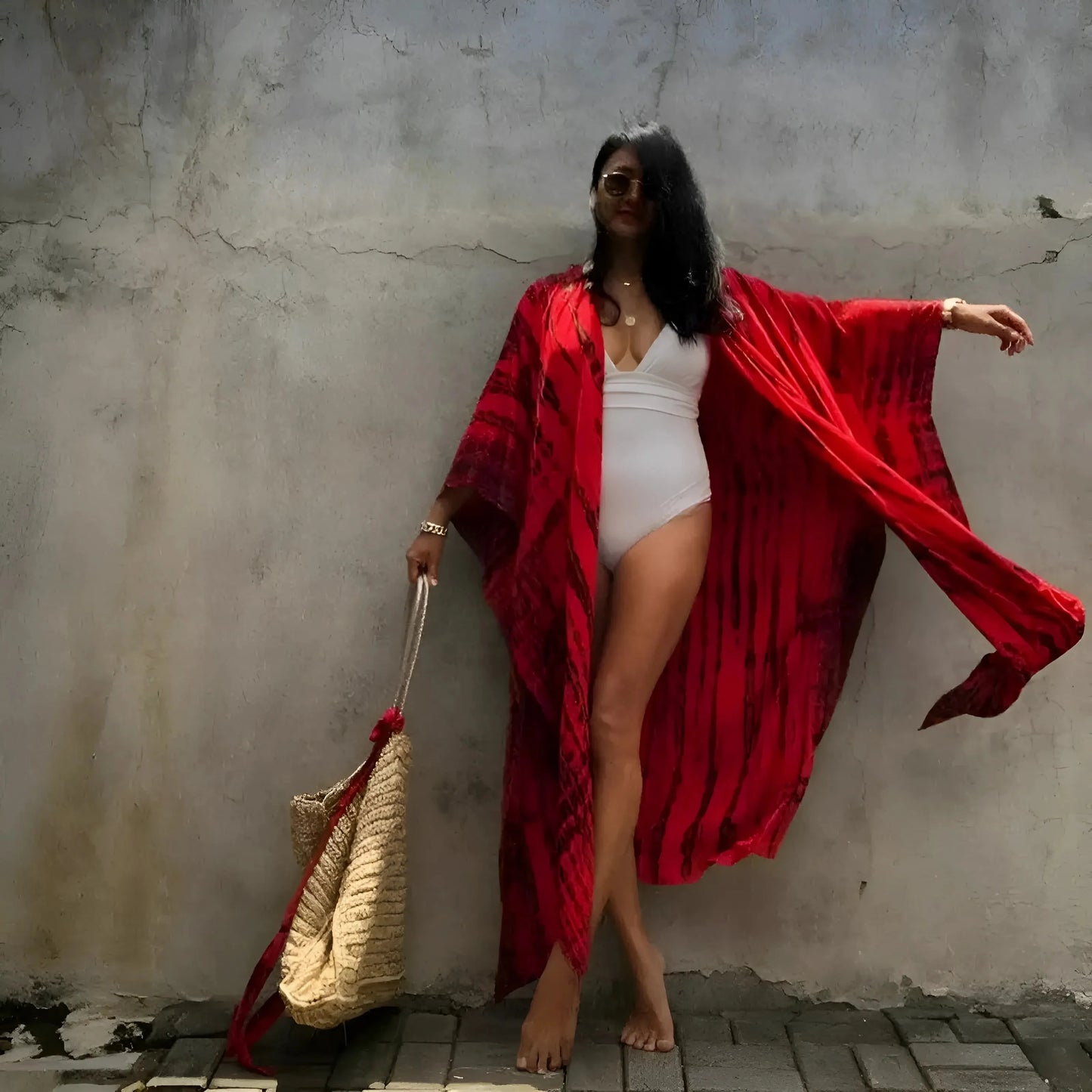 Rosso Kimono da Spiaggia a Righe