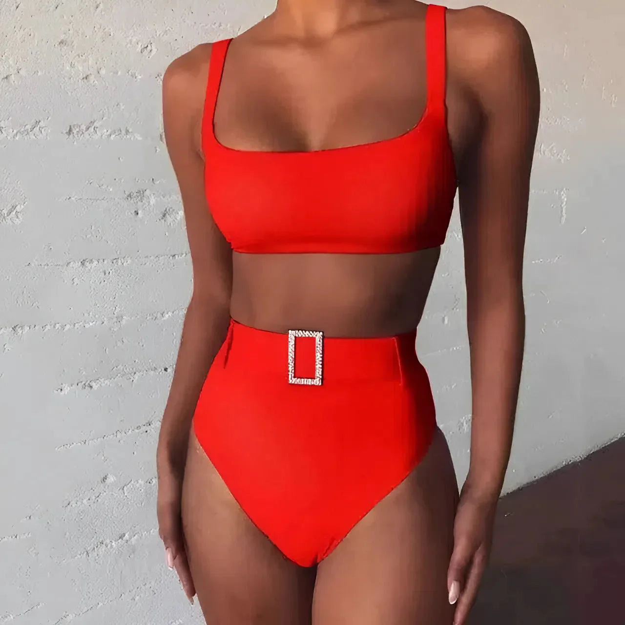 Rosso Costume da bagno a due pezzi con fibbia argentata