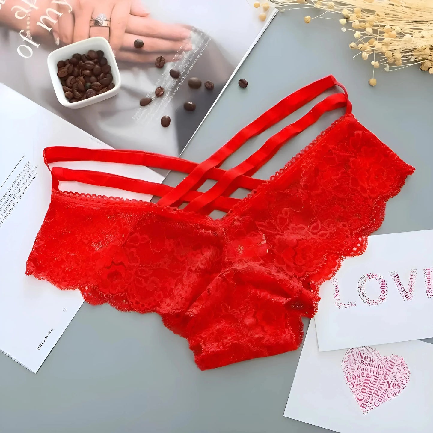 Rosso Mutandine in pizzo universali con cinturini decorativi