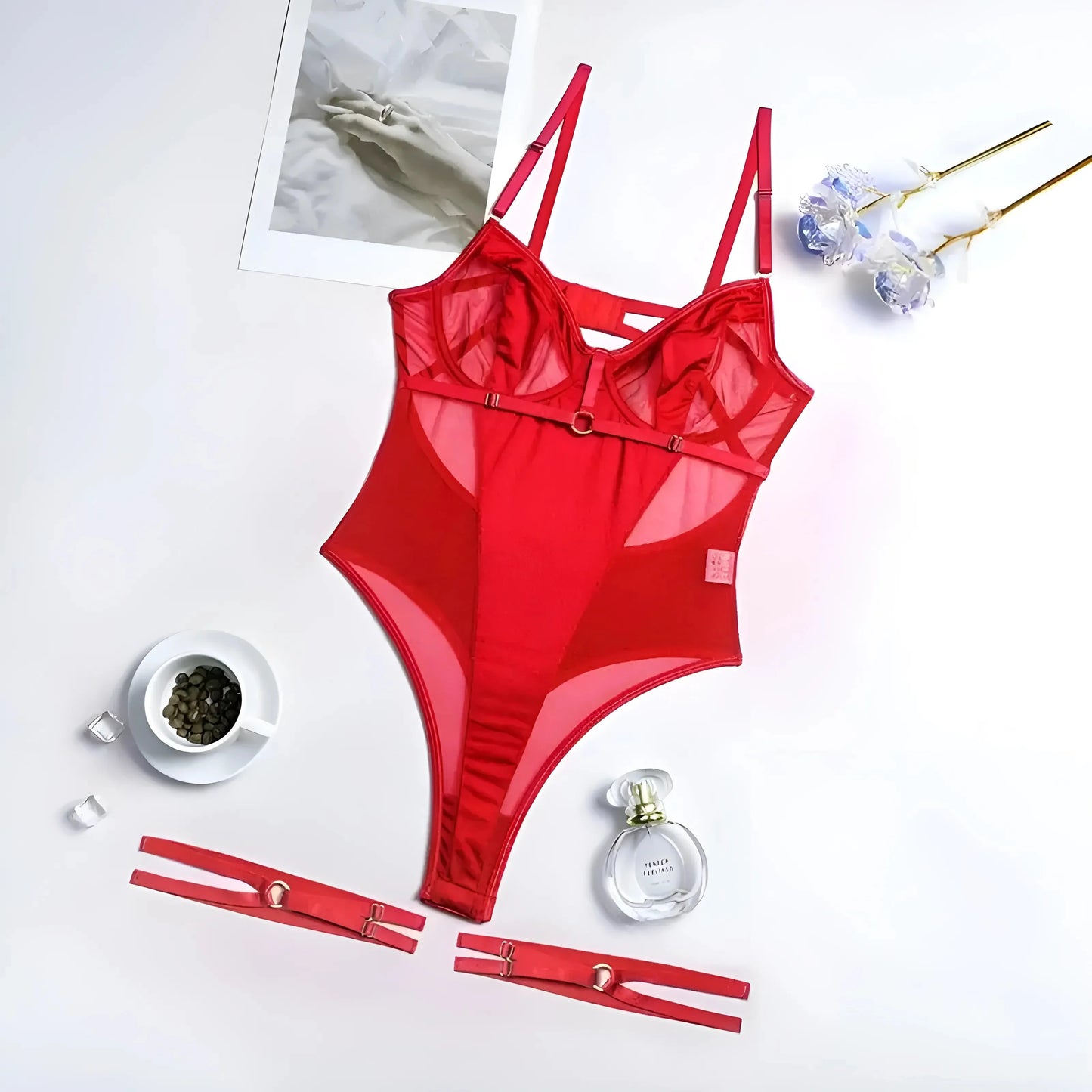 Rosso Body da donna con elementi trasparenti