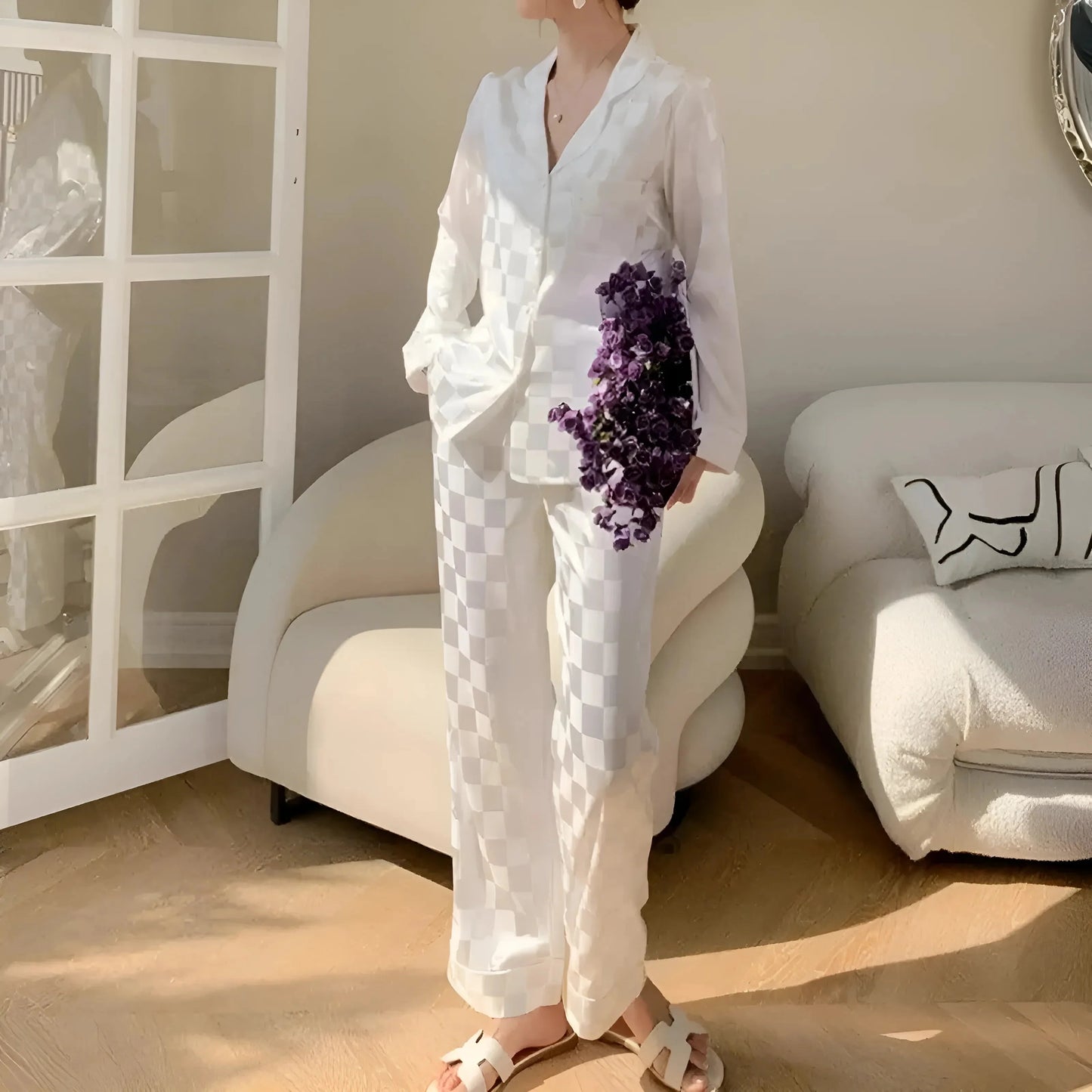 Set di Pigiama da Donna in Seta a Quadri