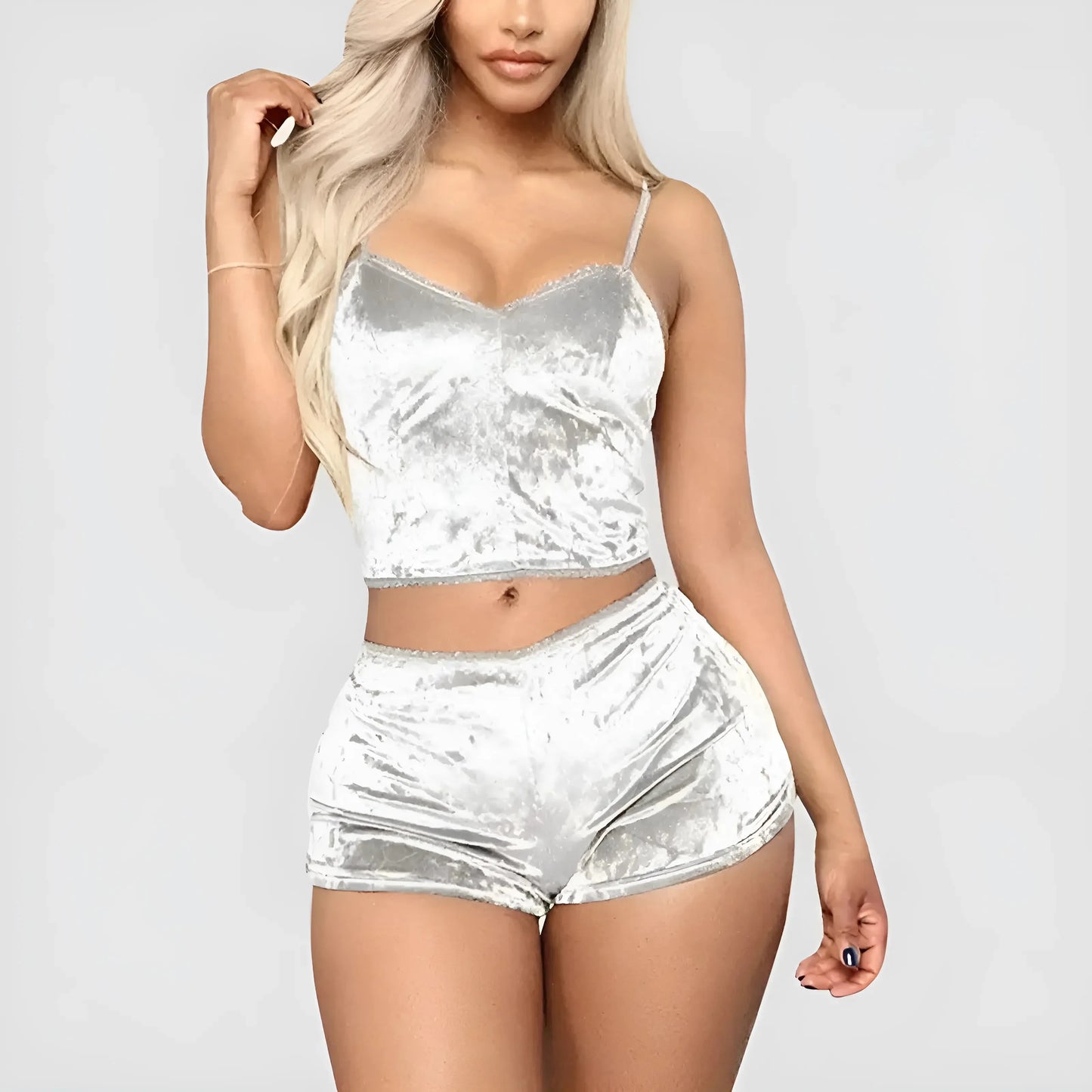 Argento Set di Pigiama in Velluto con Top e Pantaloni Corti