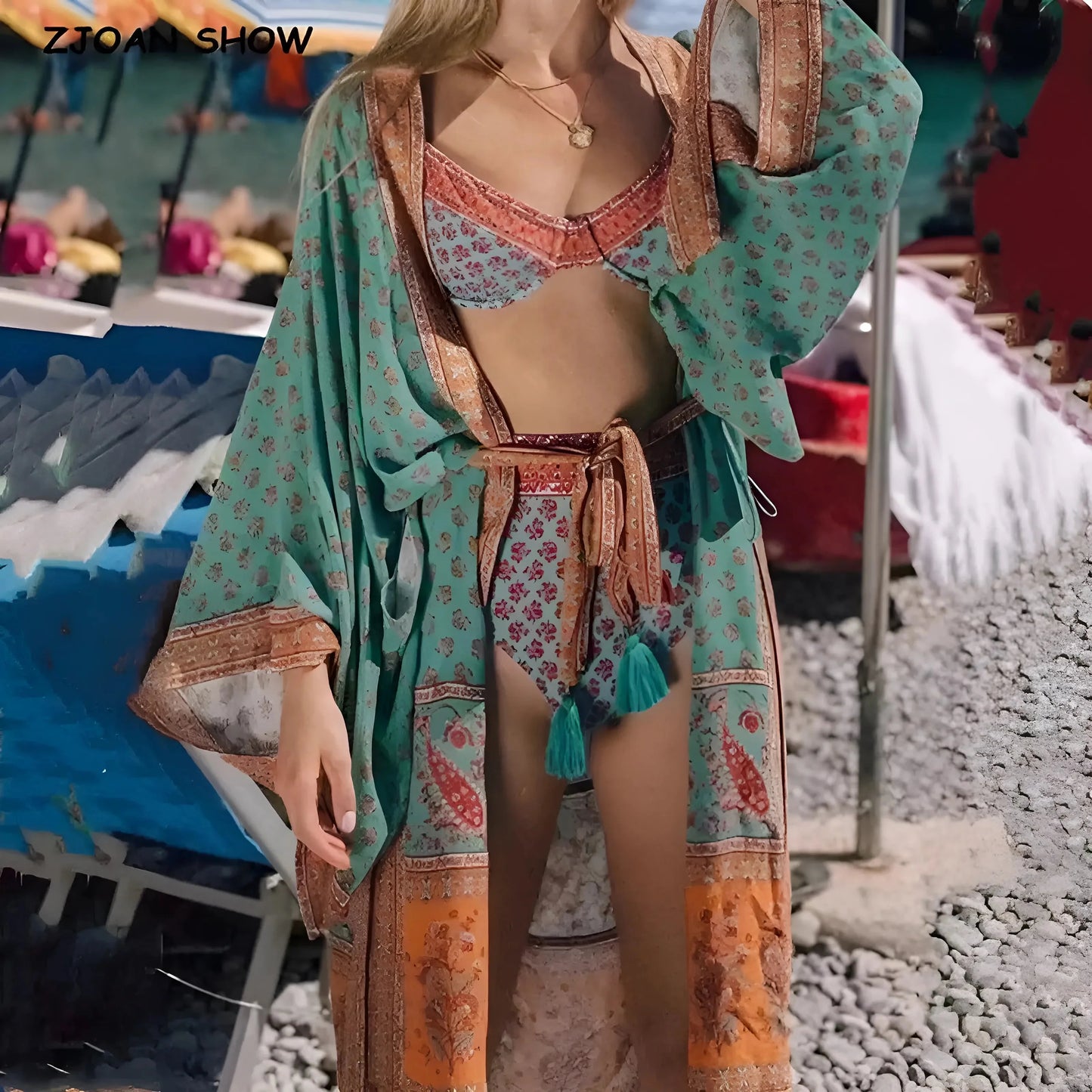 Turchese Stile Vintage Kimono da Spiaggia