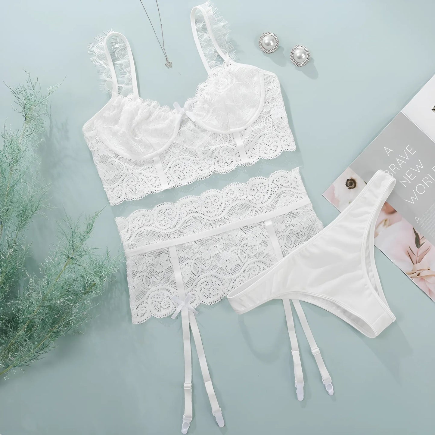 Bianco Set di Lingerie in Pizzo a 3 Pezzi con Cintura Larga per Calze