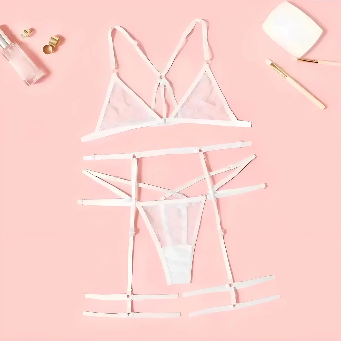 Bianco Set di Lingerie a Pois in 3 Pezzi