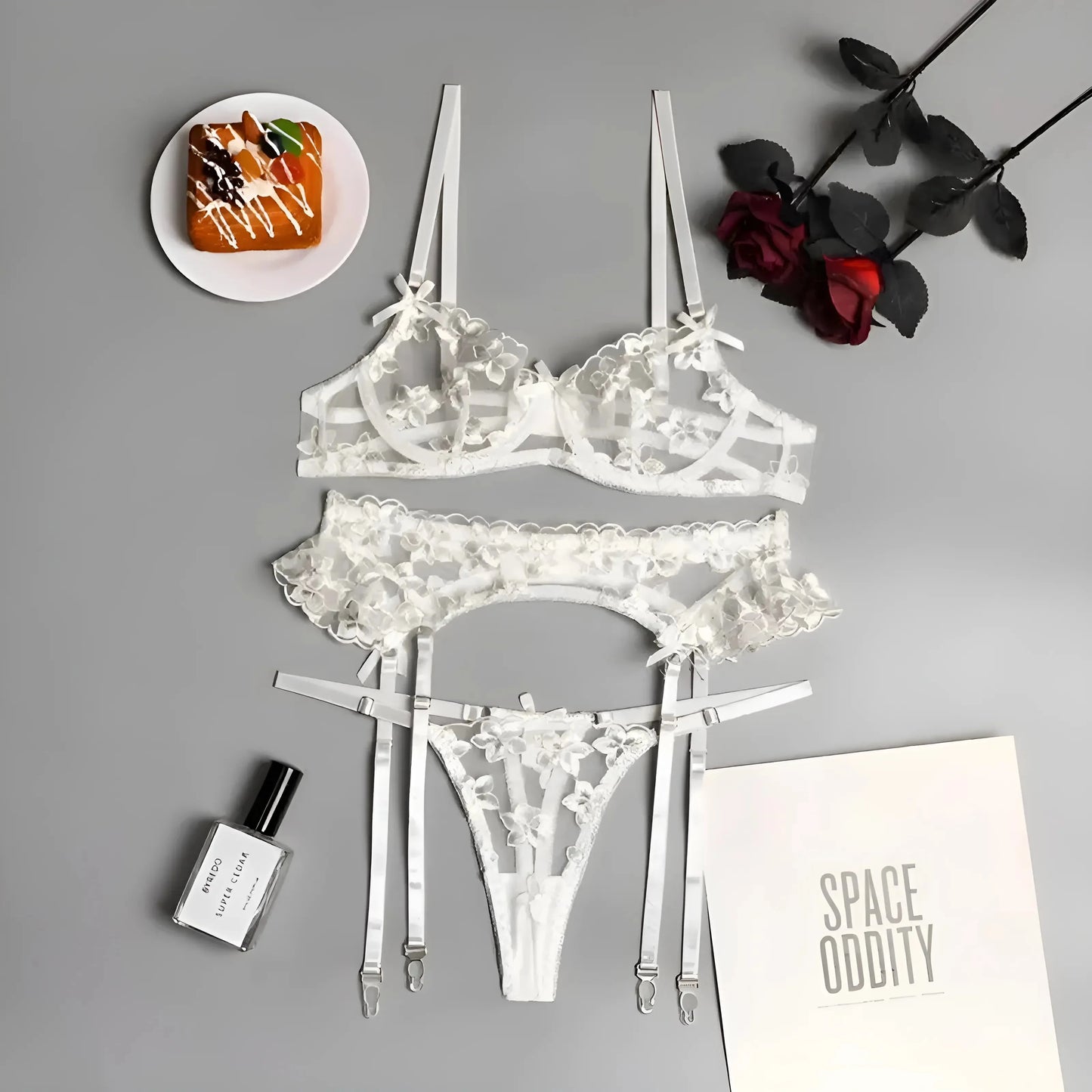 Bianco Set di Lingerie in Pizzo Floreale