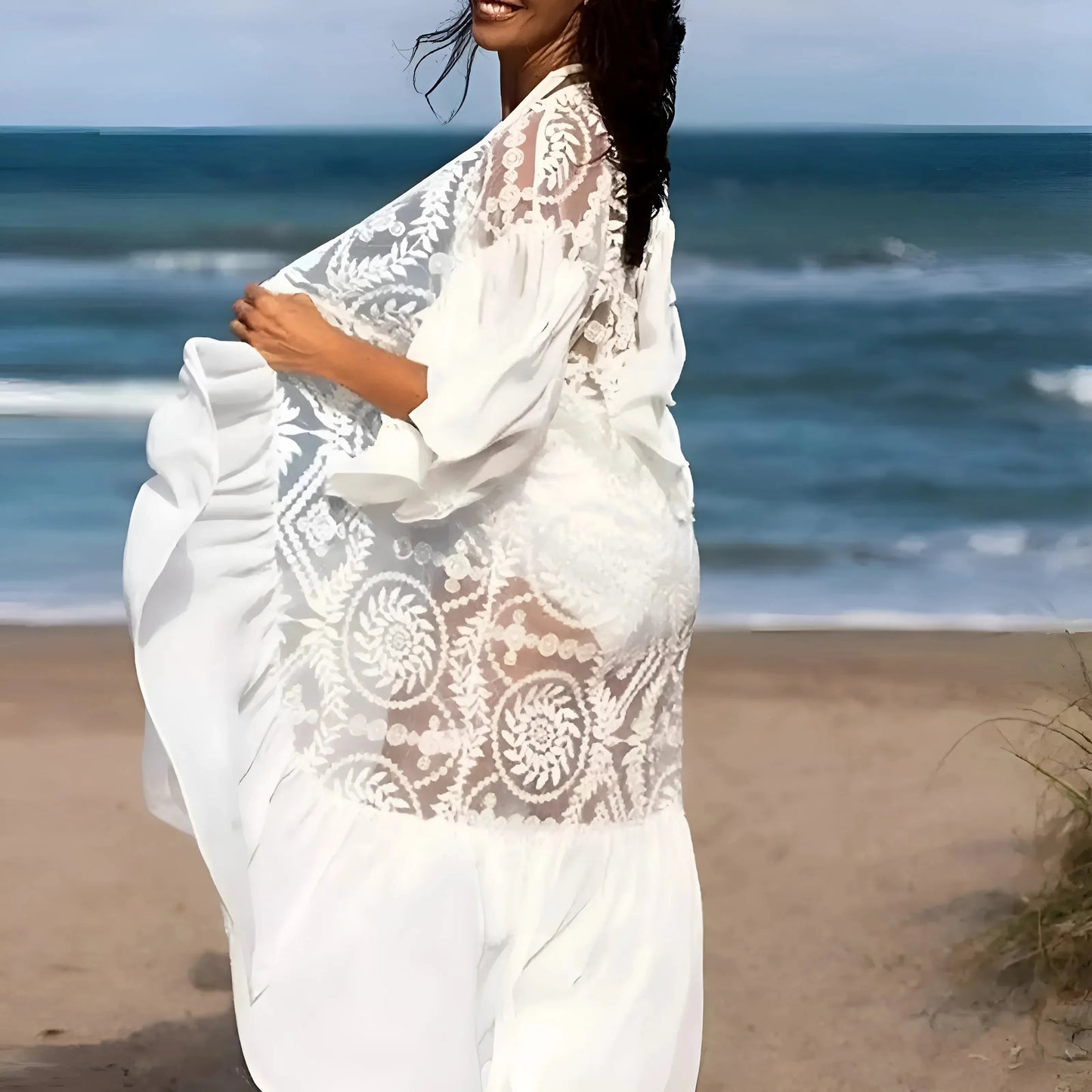 Bianco Kimono da Spiaggia in Pizzo