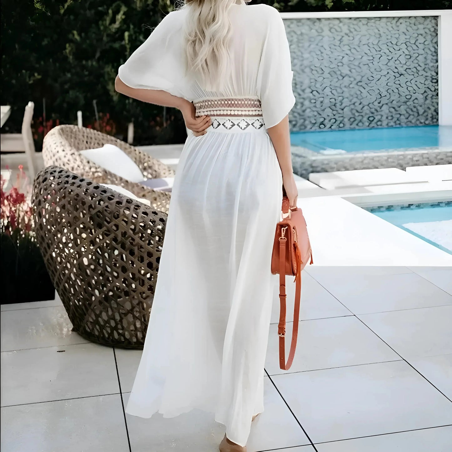 Bianco Kimono Boho da Spiaggia con Dettagli in Pizzo e Fiocco