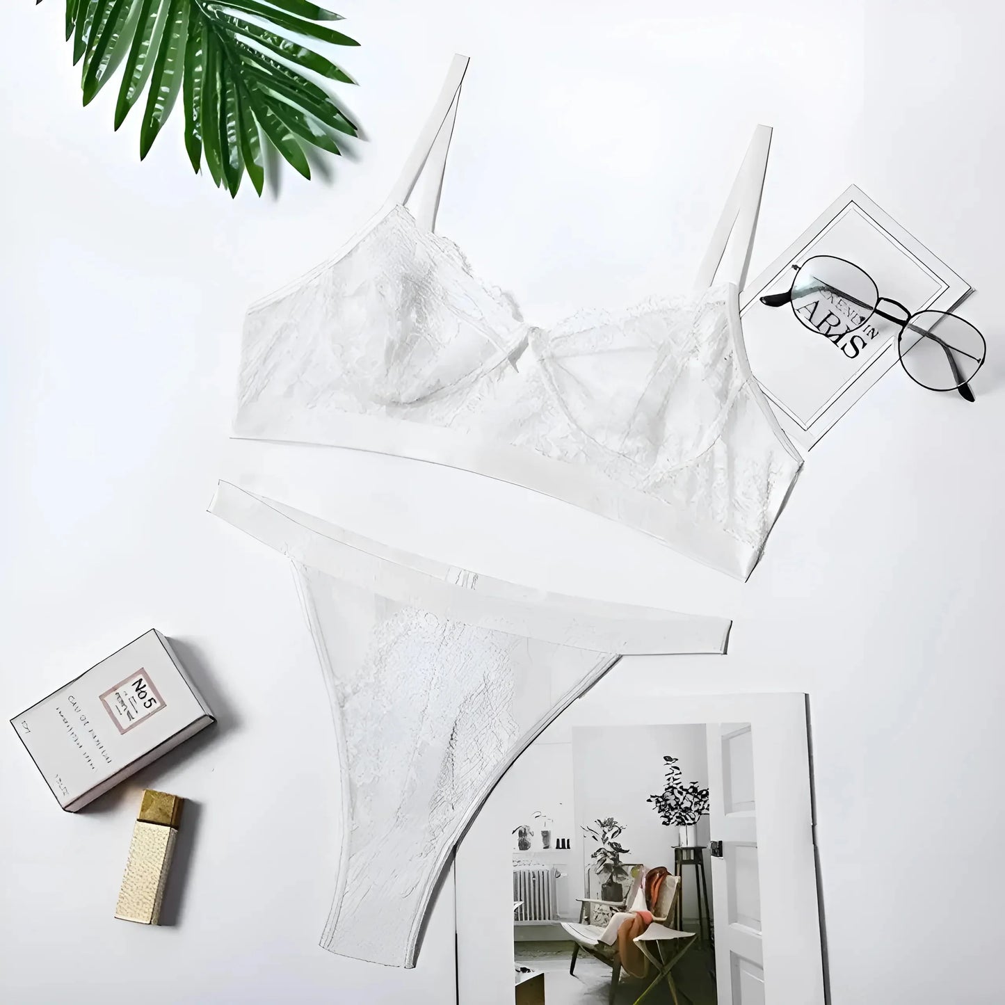 Bianco Set di Lingerie in Pizzo a Vita Alta