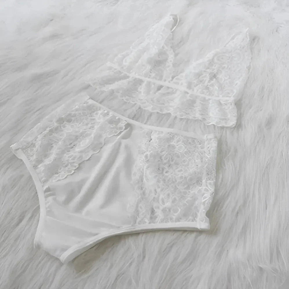 Bianco Set di Lingerie in Pizzo a Vita Alta