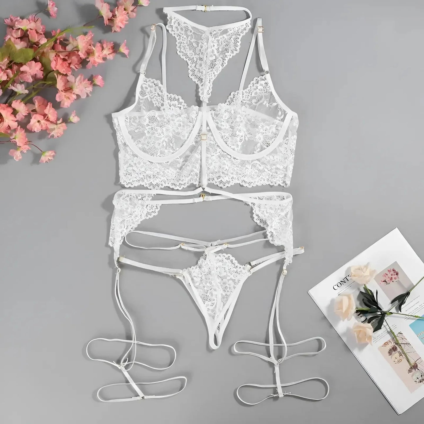Bianco Set di Lingerie in Pizzo con Choker e Cinghie Decorative
