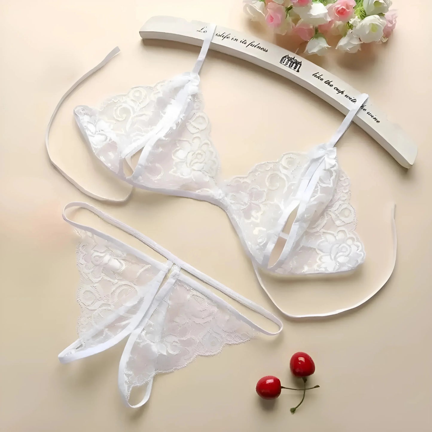 Bianco Set di Lingerie in Pizzo con Taglietti