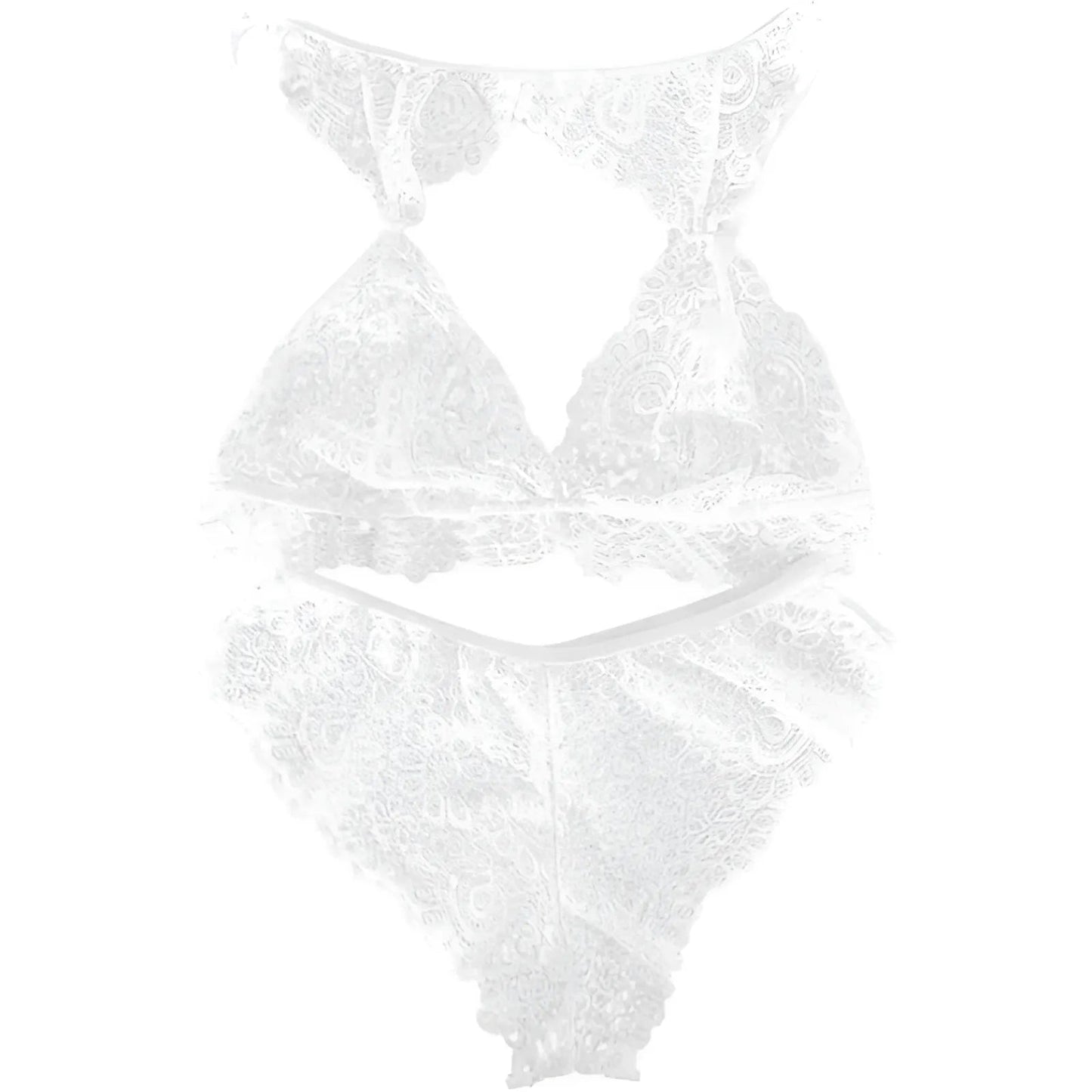 Bianco Set di Lingerie in Pizzo con Finitura Decorativa al Collo