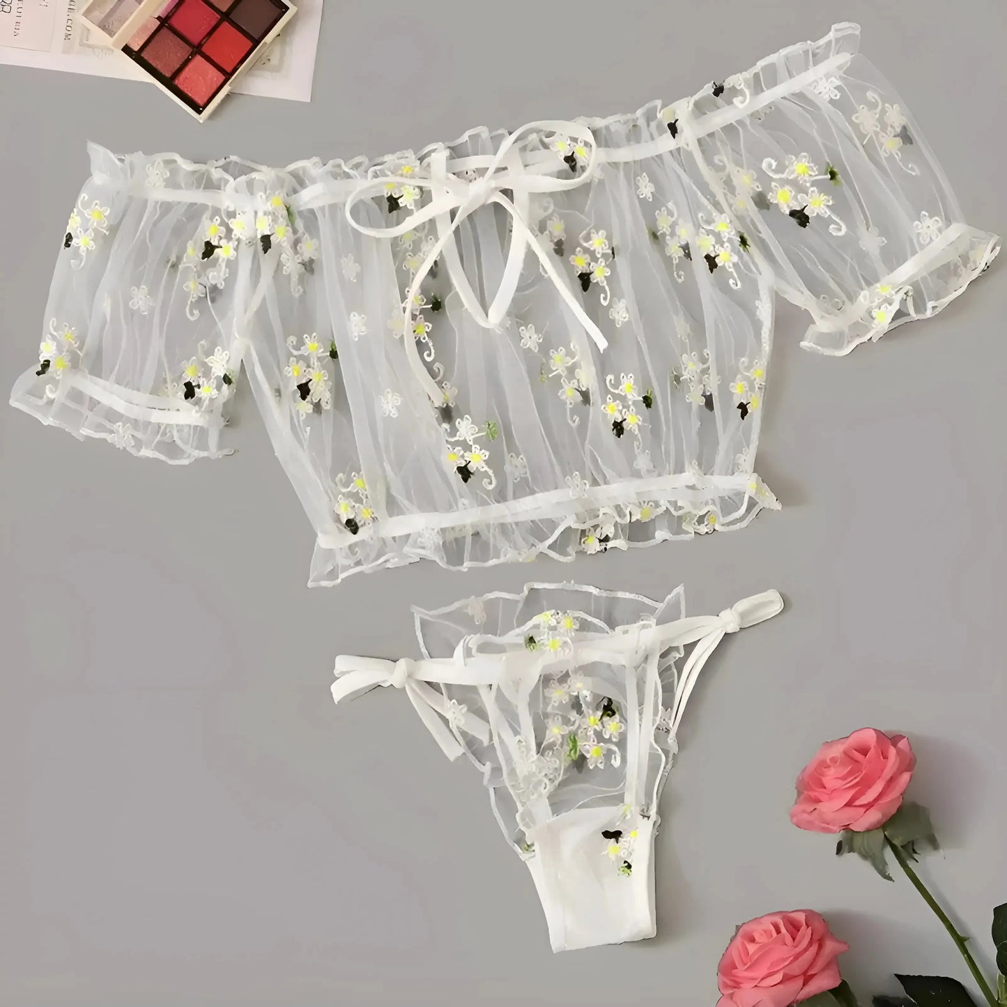 Bianco Set di Lingerie in Pizzo con Delicato Stampa Floreale