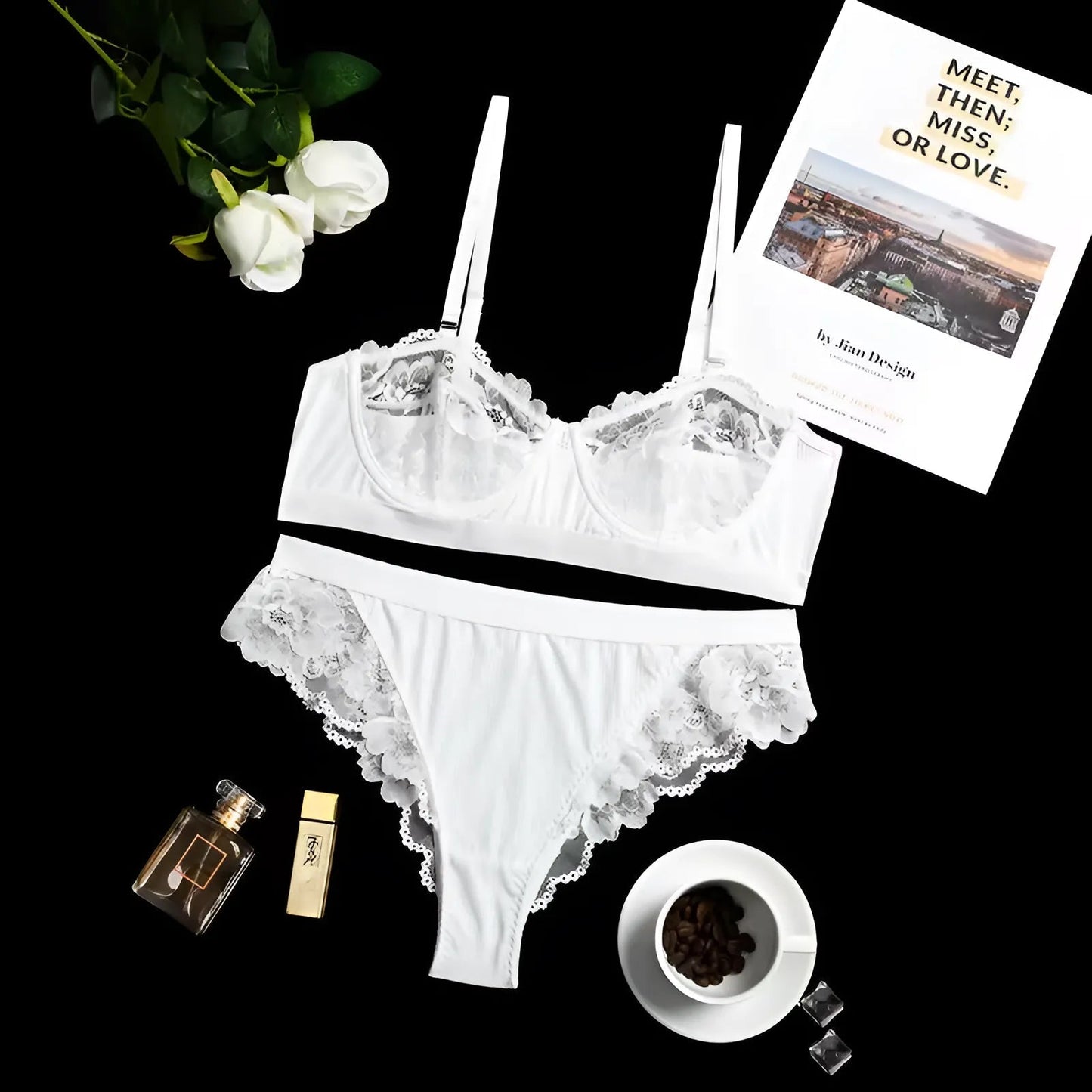 Bianco Set di Lingerie in Pizzo con Spalline Rimovibili