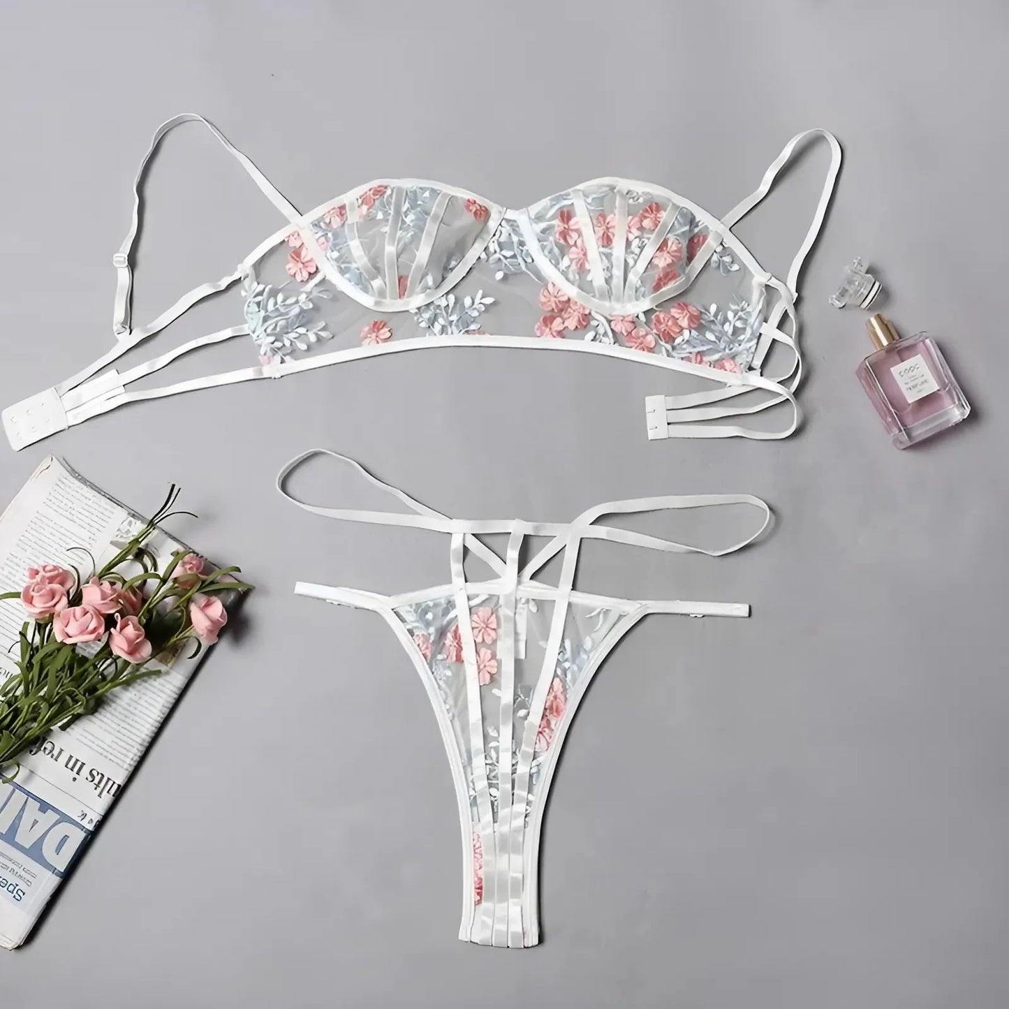 Bianco Set di Lingerie in Pizzo con Design Floreale