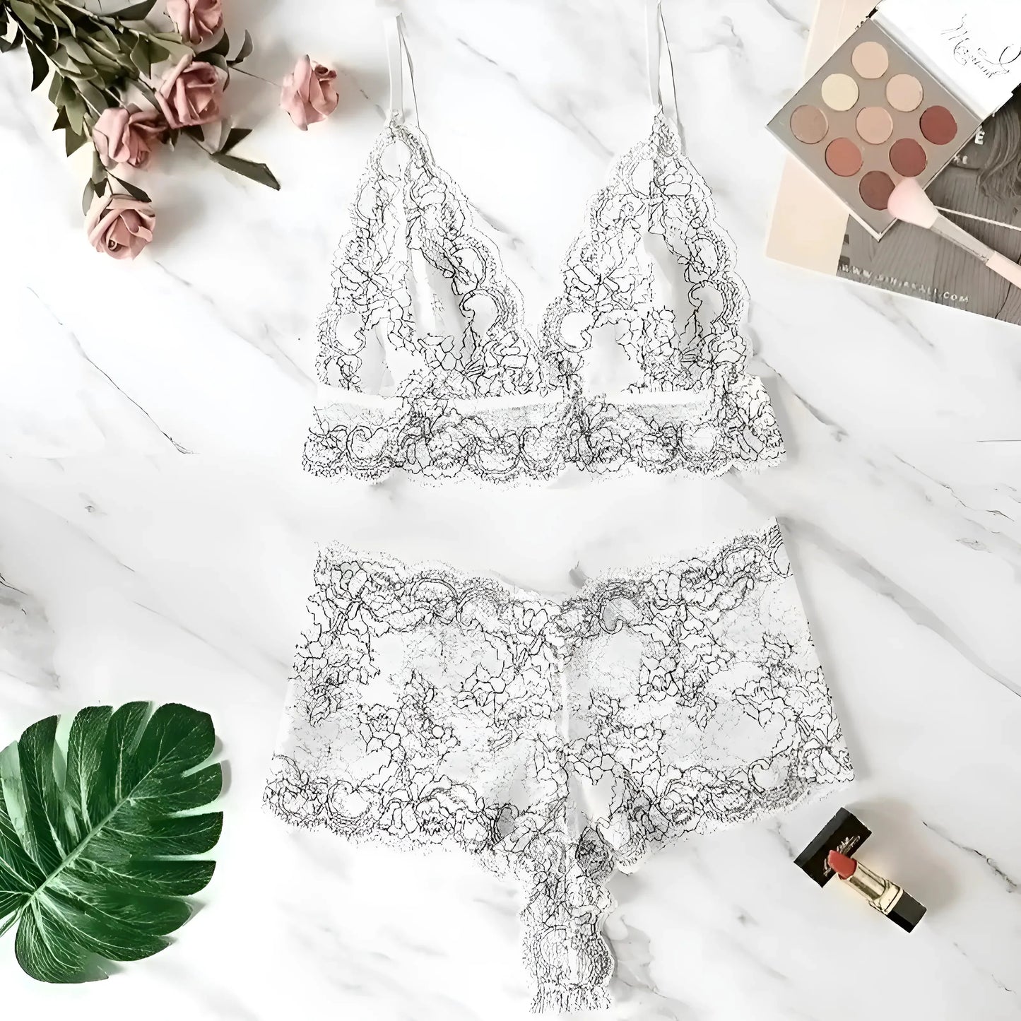 Bianco Set di Lingerie in Pizzo con Slip a Vita Alta