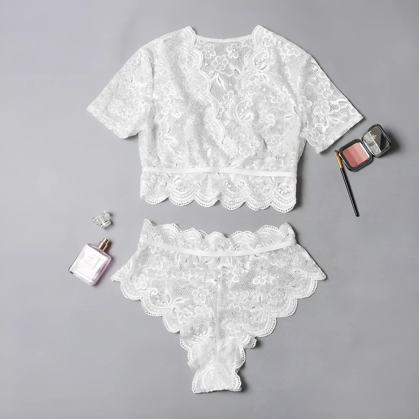Bianco Set di Lingerie in Pizzo con Maniche