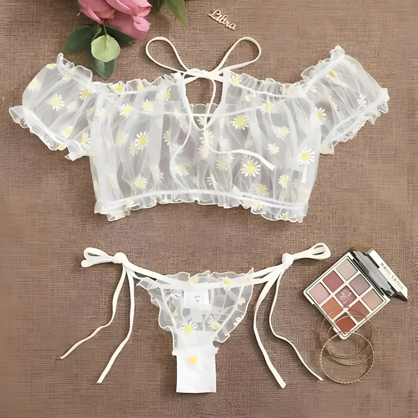 Bianco Set di Lingerie in Pizzo con Perizoma