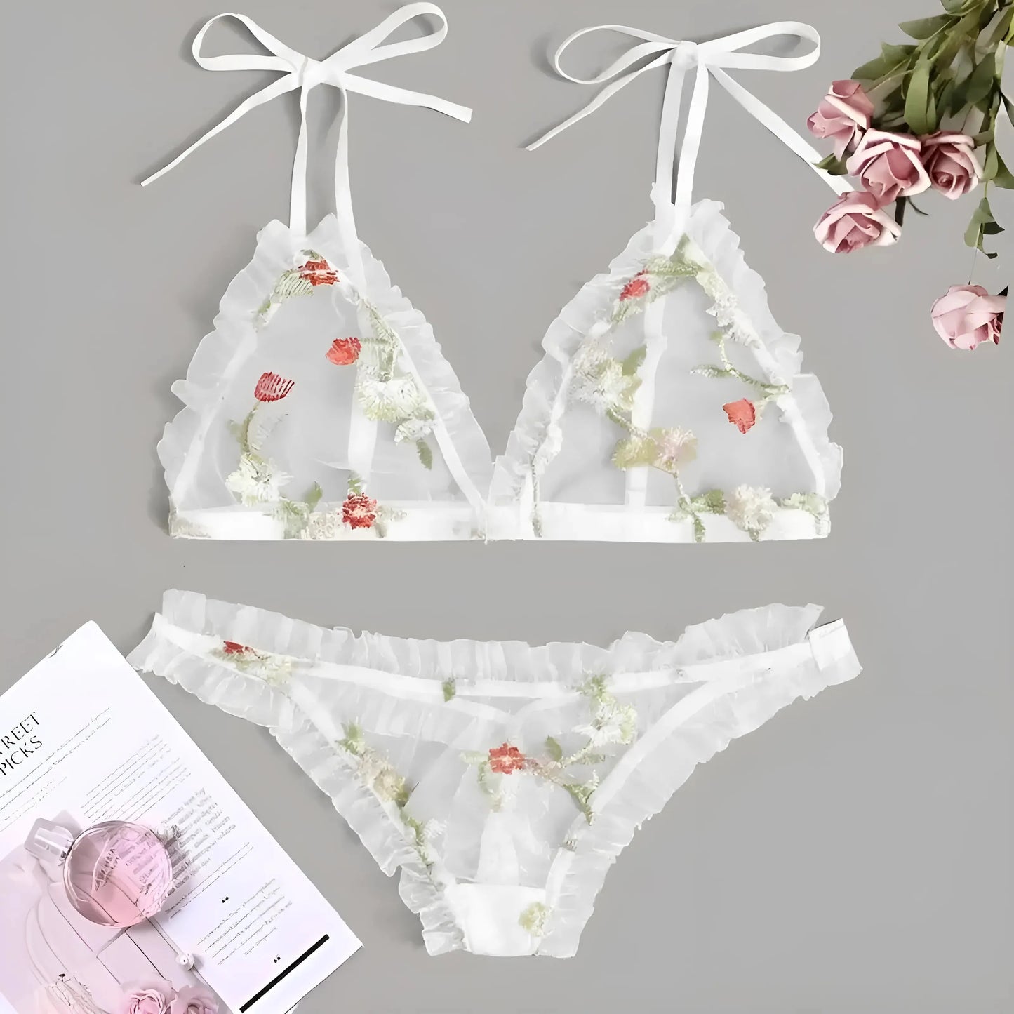 Bianco Set di Lingerie in Pizzo con Spalline Legate