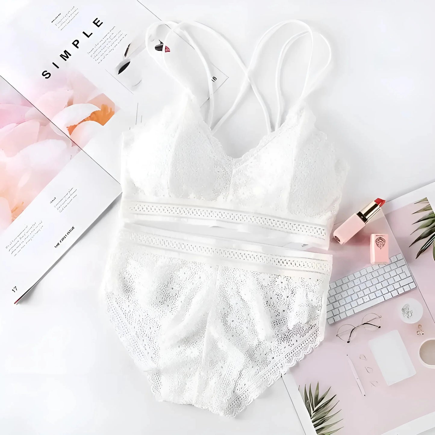 Bianco Set di Pigiama in Pizzo