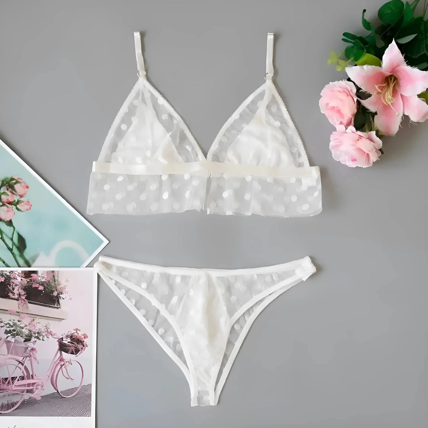 Bianco Set di Lingerie in Pizzo a Pois
