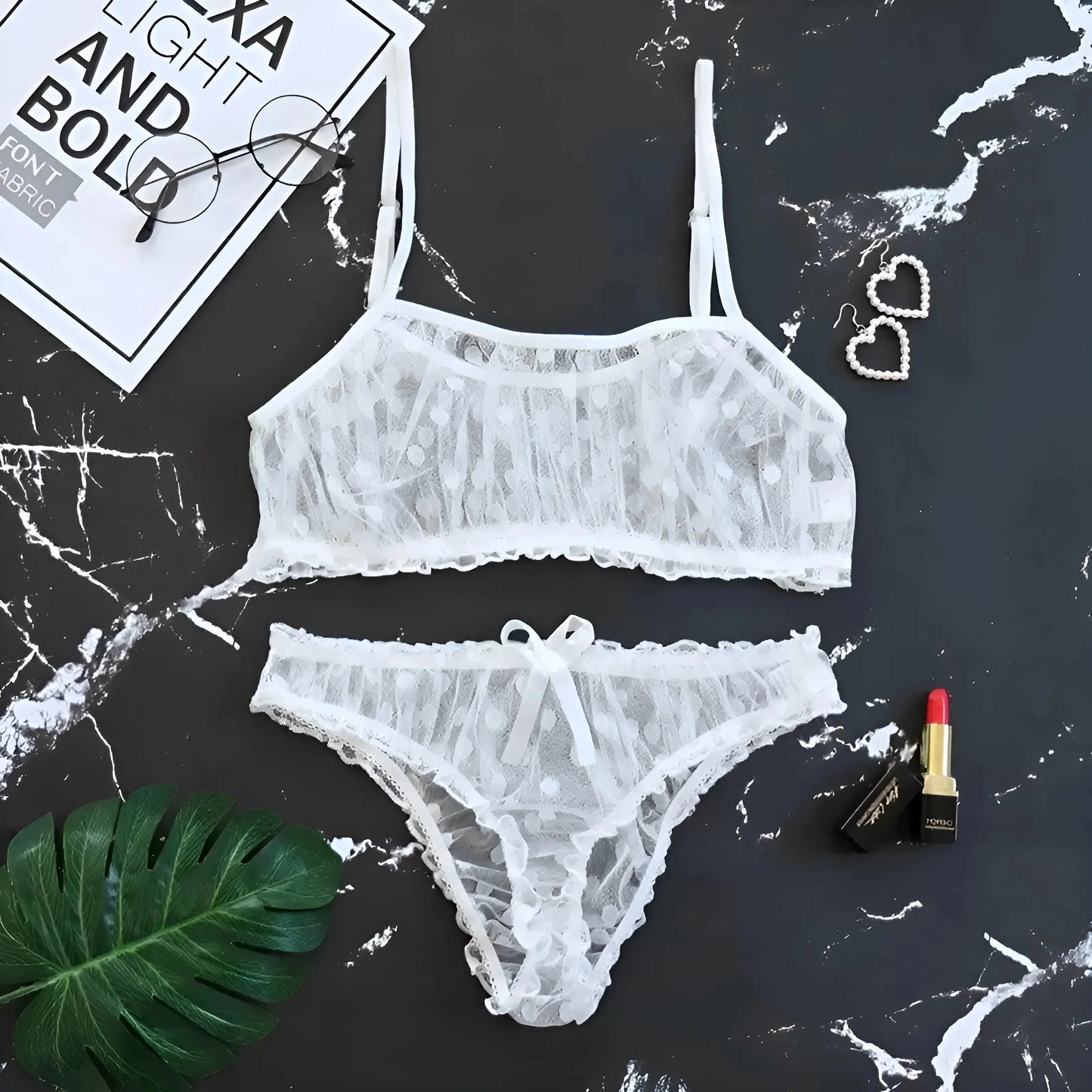 Bianco Set di Lingerie in Pizzo a Pois