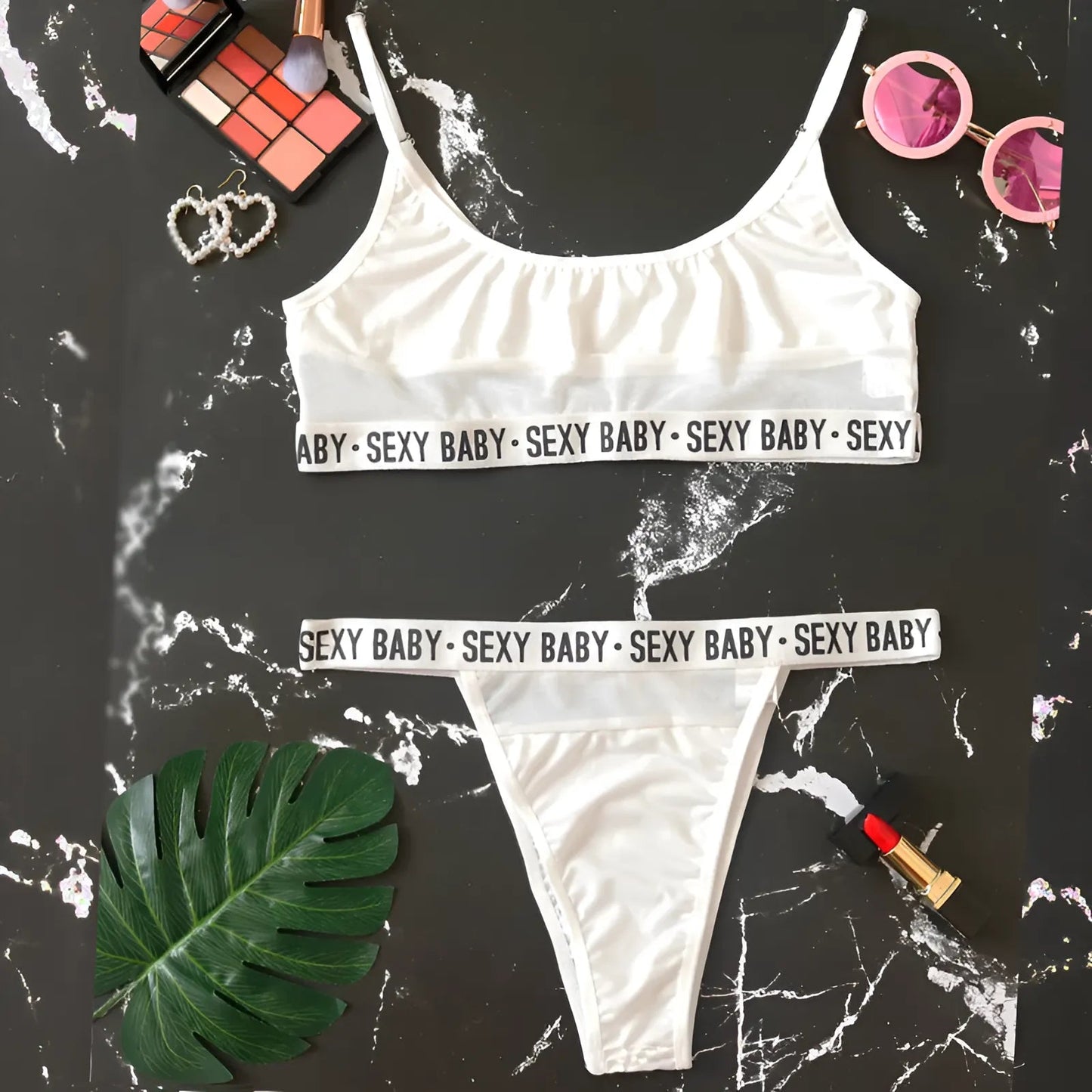 Bianco Set di Lingerie con Inserto Trasparente
