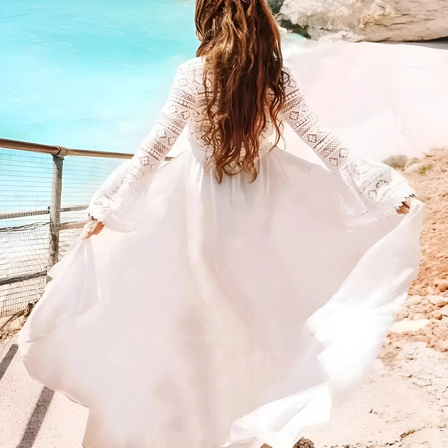 Bianco Kimono Long Beach con Top in Pizzo