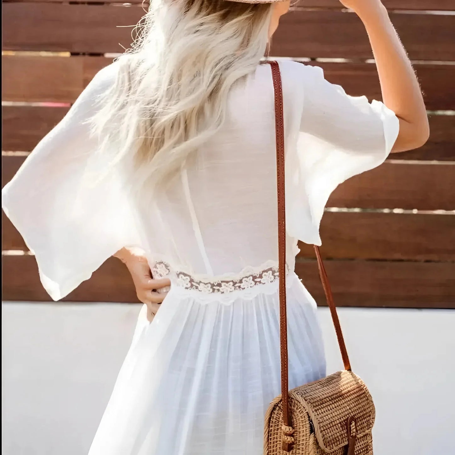 Bianco Kimono Long Beach con Bordo in Pizzo