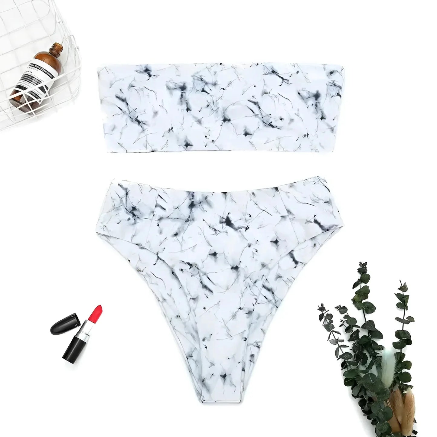 Bianco Costume da bagno a due pezzi con stampa in marmo