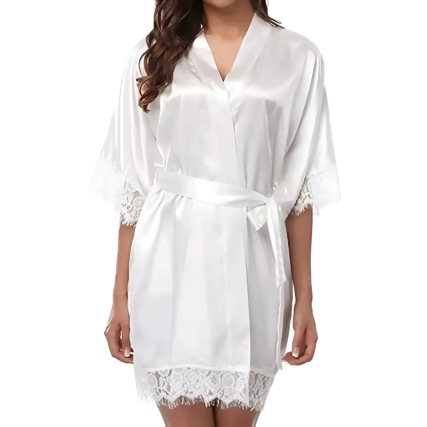 Bianco Accappatoio di raso con pizzo